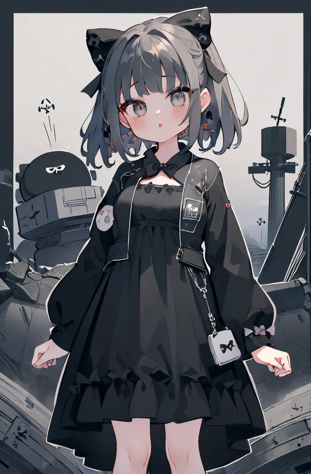 (8K、Masterpiece、masutepiece)azhiichigo style,Big eyes, dense lines, Mixing Patterns,Cute,1. Goth, Pattern expansion、greyt hair、Department of Landmines、Cute Ribbon、Black One Piece Clothes、grey eyes、Background Simple、background grey、(((((1girl in、Black Mine Suit、Cute dress、A dress with a large bow)))))(The upper part of the body、(((((one girl ))))))