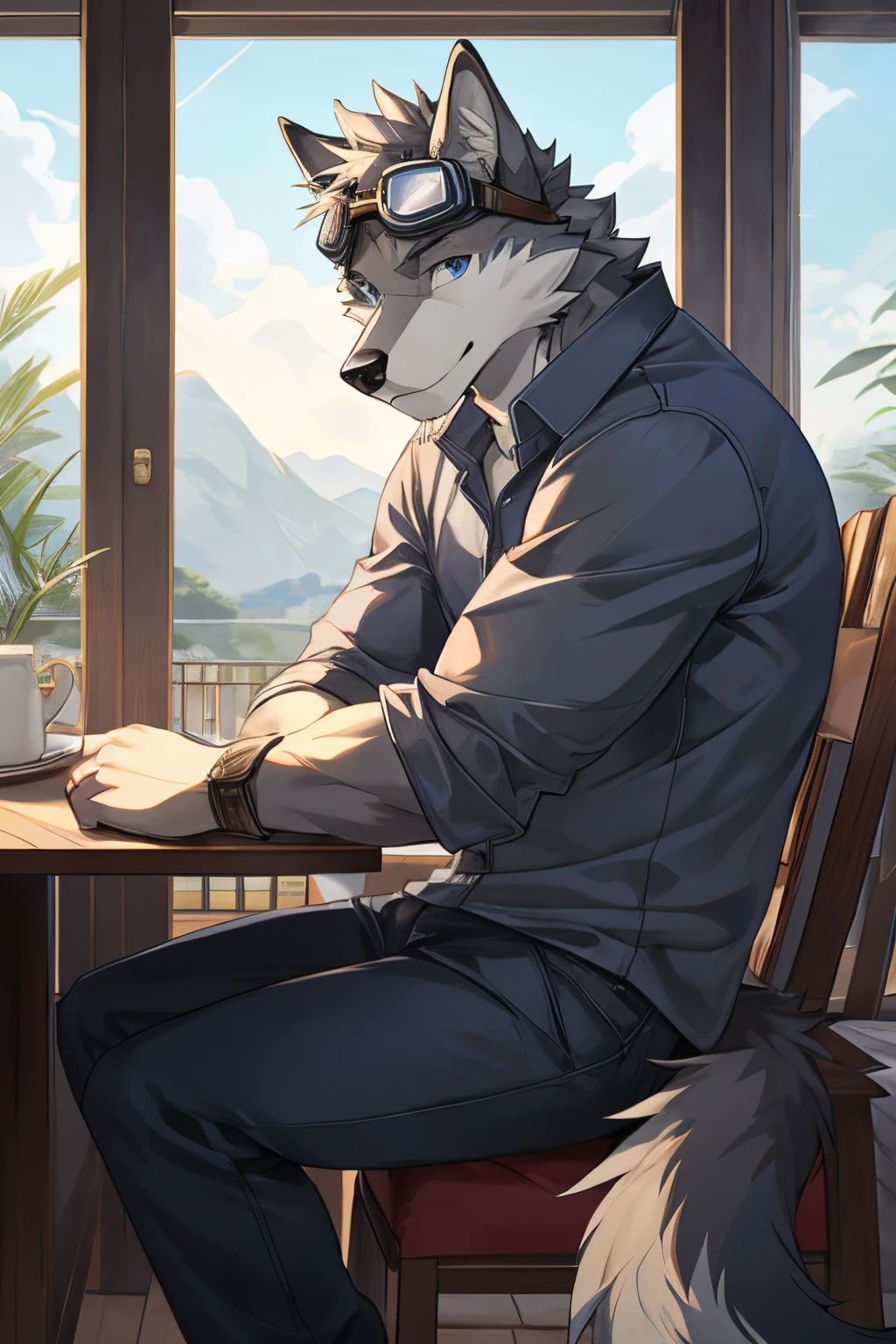 Masterpiece, Solo, Furry Gray Wolf, Gray Fur, Blue Eyes, Gray Medium Hair, Medium Muscular Body, Cool Pose, Charming, Handsome, Good Looking, Casual Shirt, Goggles, Warm, Comfortable. Nice View