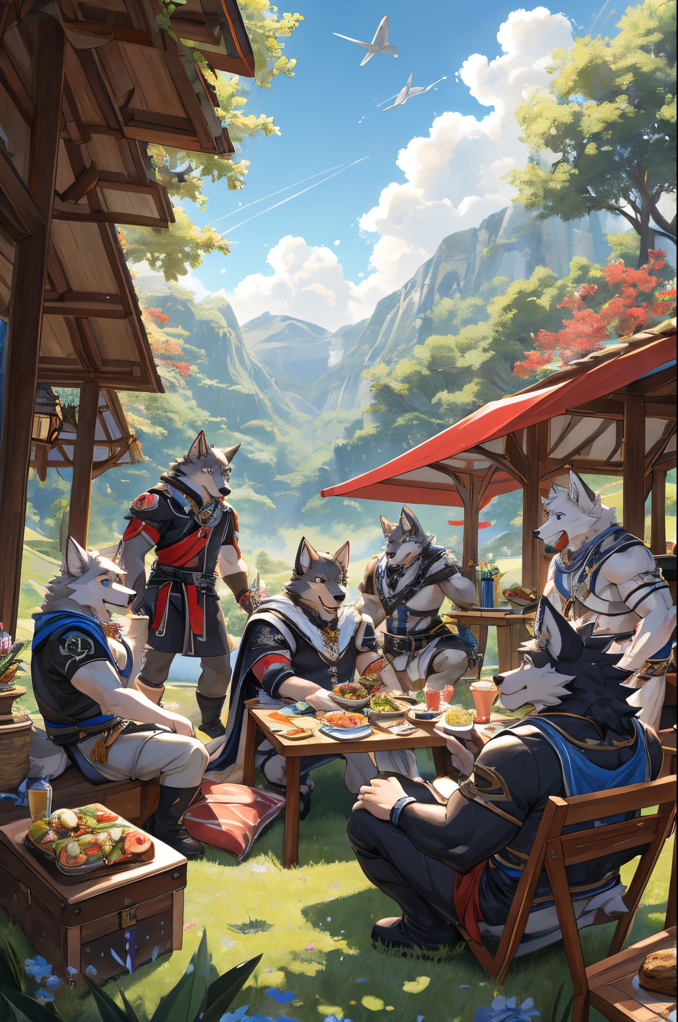 dynamic pose, absurdres(highly detailed beautiful face and eyes)perfect anatomy, (ultra detailed), sharp focus, niji, eyesgod, black eye, furry, white beard, anthro (wolf), male, middle-aged, white belly, muscular, adventure costume, high quality illustrations, detailed background, picnic party, sitting on the ground, eating the food, group shot, 6+boys, Happy, joyful, (Photos taken with friends), (best quality), (masterpiece), high details, award winning, highres, HD, 16k