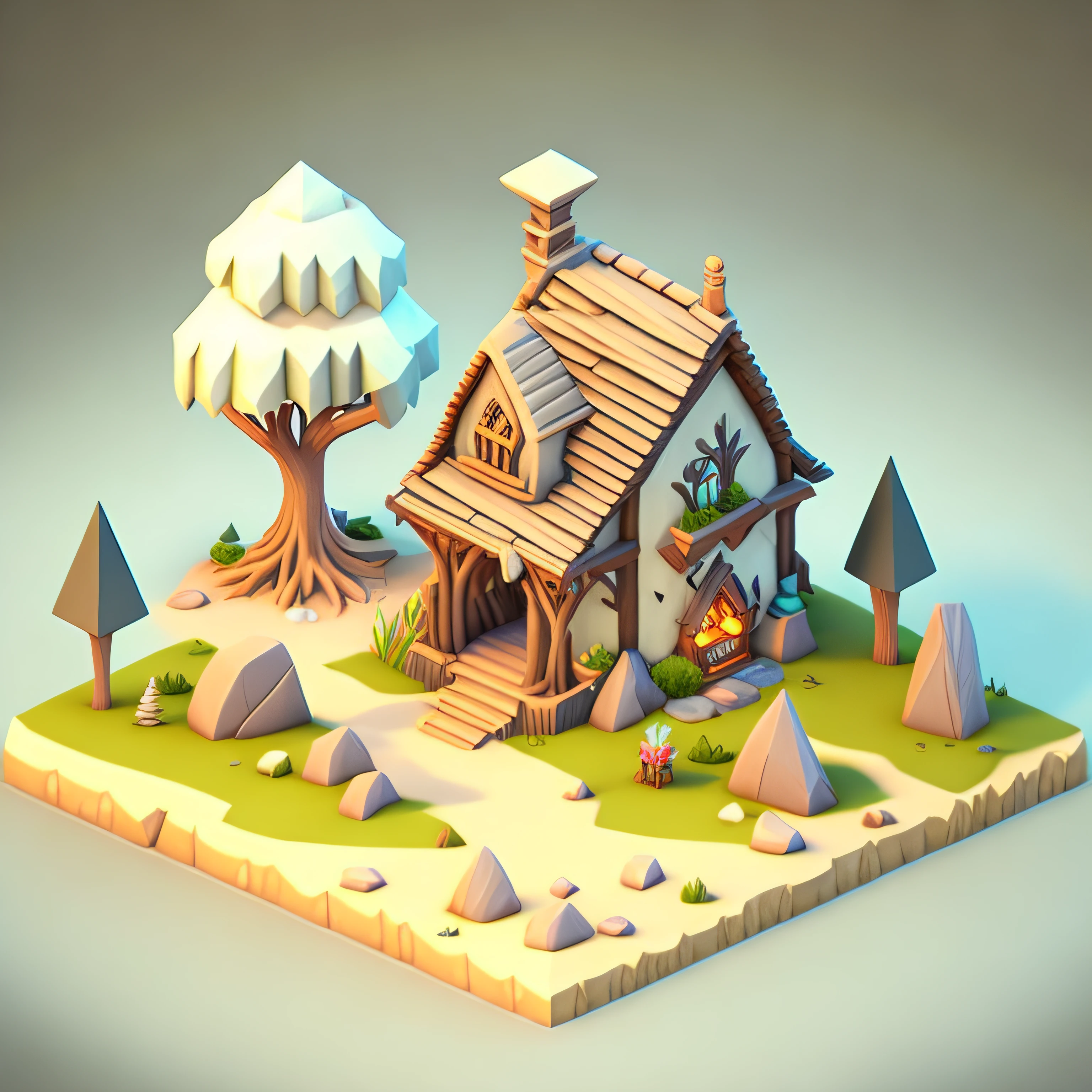 Isometric house, RPG style, cartoony, dnd, Fantasy, Mobile game,Primitive man,Animal bone,stone,woods