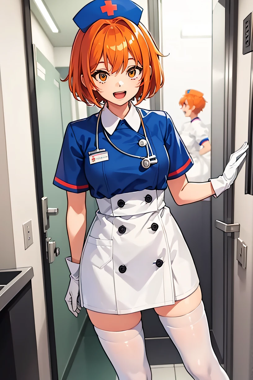 1girl, solo, nurse, nurse cap, white wear, ((white legwear, zettai ryouiki)), white gloves, very short hair, orange hair, smile, open mouth, standing, ((hospital room)), sharp outline, short sleeves, tomboy, boyish, best quality, masterpiece