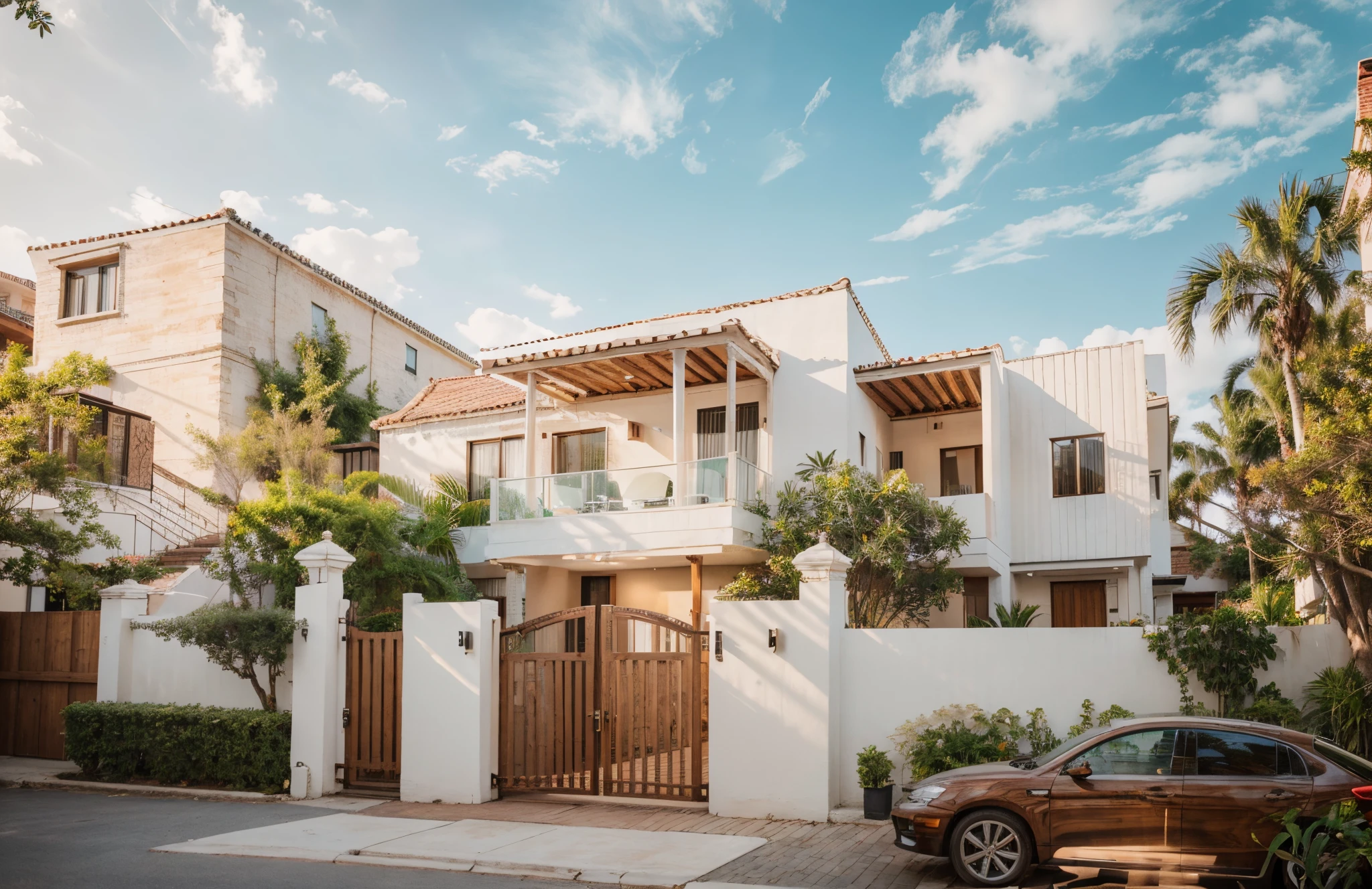 RAW photo, Masterpiece, high quality, best quality, realistic, super detailed, townhouse, modern house, (white painted brick wall), wall decorated with wooden slats, glass window, (wooden ceiling :1.1), glass railing, gate, fence, (curve:1.1), tropical plants, day, beautiful sky, (high detail: 1.2), 8k uhd, dslr, soft light, high quality , film grain, Fujifilm XT3