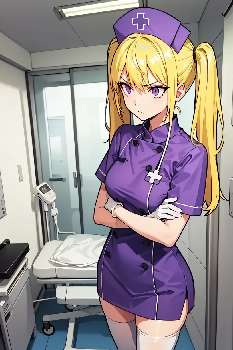 1girl, solo, nurse, nurse cap, white wear, ((white legwear, zettai ryouiki)), white gloves, twintails, yellow hair, purple eyes, angry, crossed arms, standing, ((hospital room)), sharp outline, short sleeves, best quality, masterpiece