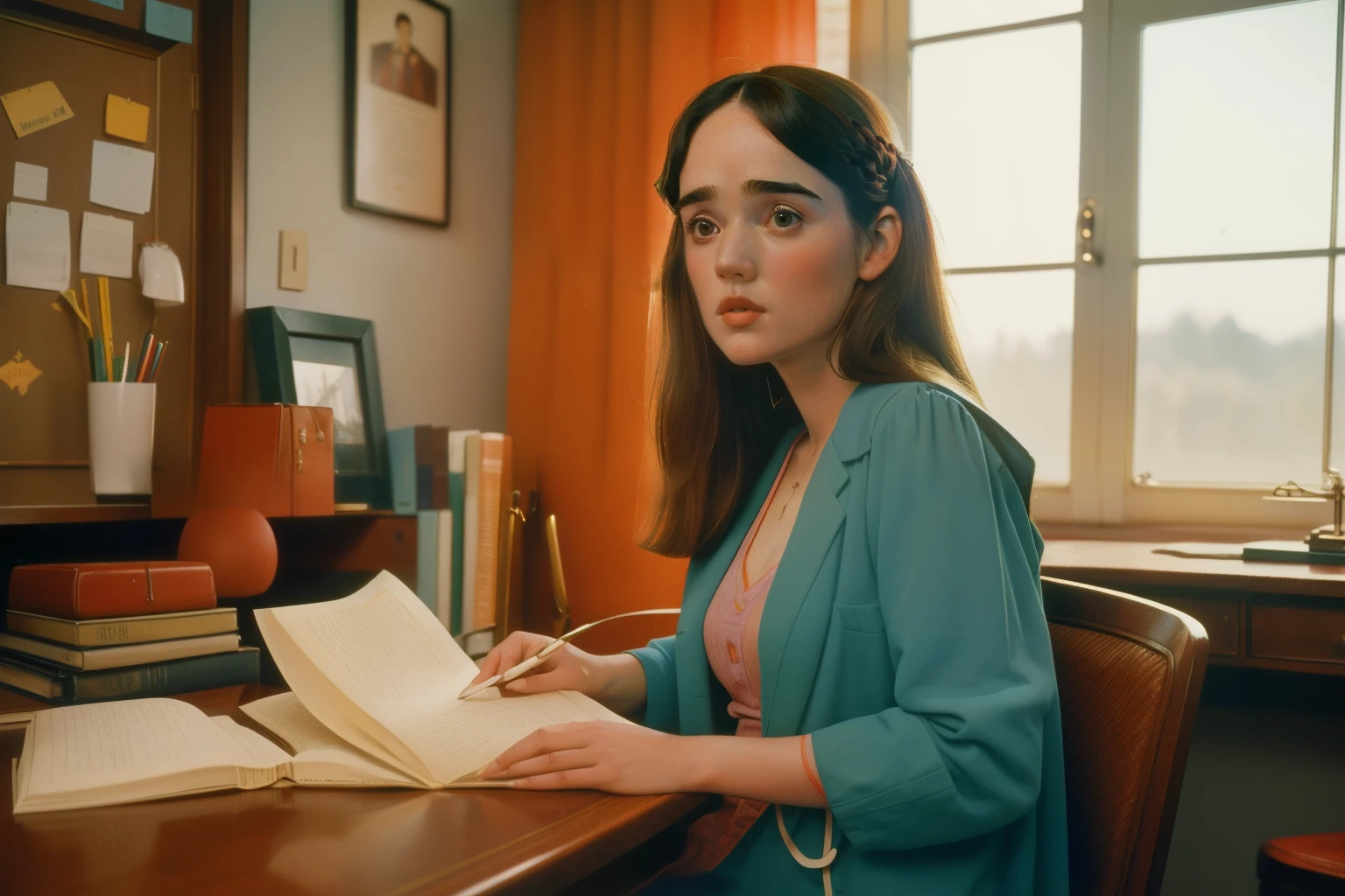 1979, Berkshire, Massachusetts. Pre-raphaelite ((((24-year-old)) Jennifer Connelly)), studying, med school, ((((casual Clothing from the 1970s)))) ((Hairstyle of the 1970s)), ((Wes Anderson cinematic style)), colorful