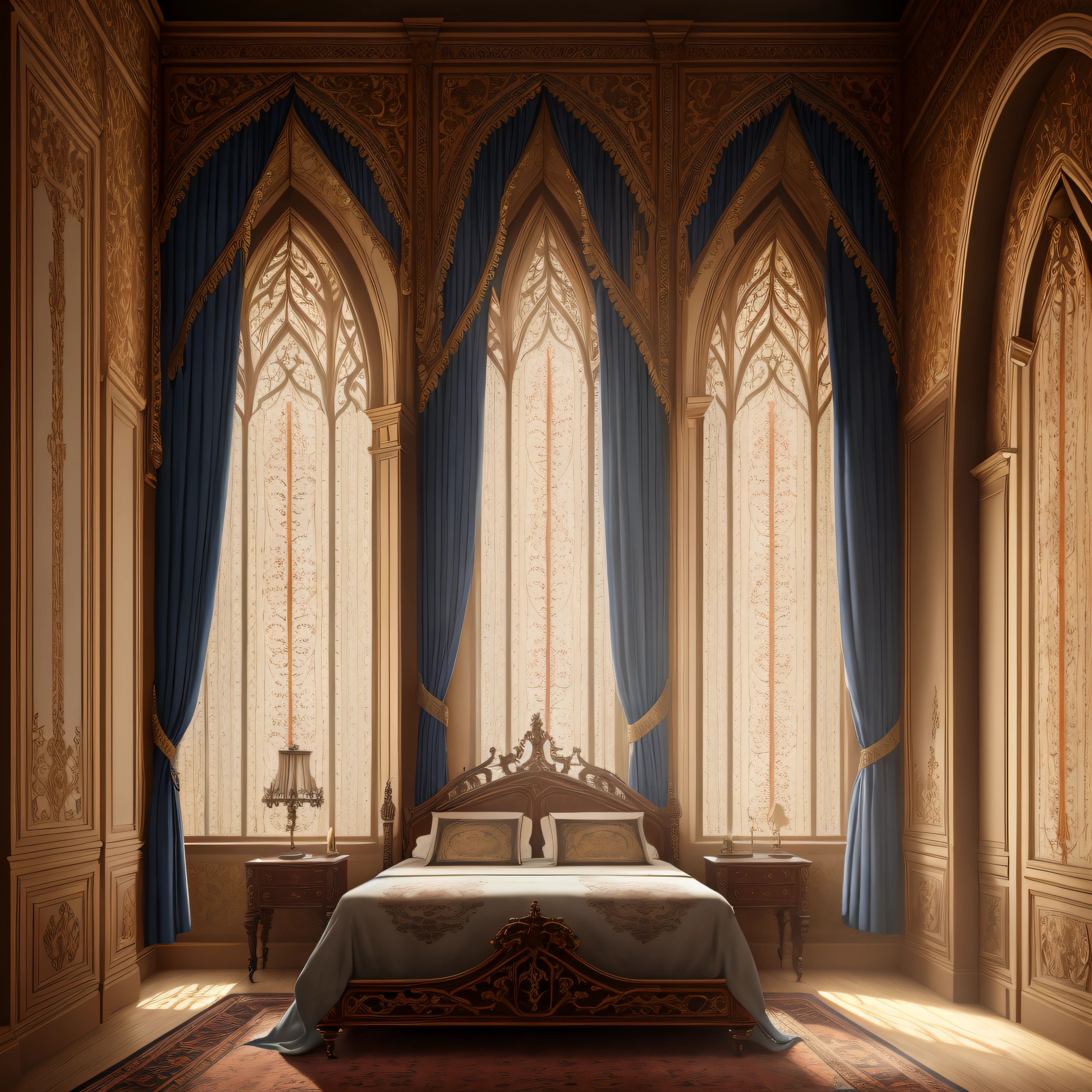 Luxury gothic Victorian bedroom interior with wall detailing, ornate fabrics, (Masterpiece:1.1) (painting:1.1) (Weighted lines) (Best Quality) (Detailed) (Intricate) (8K) (HDR) (wallpapers) (Cinematic lighting) (sharp-focus)