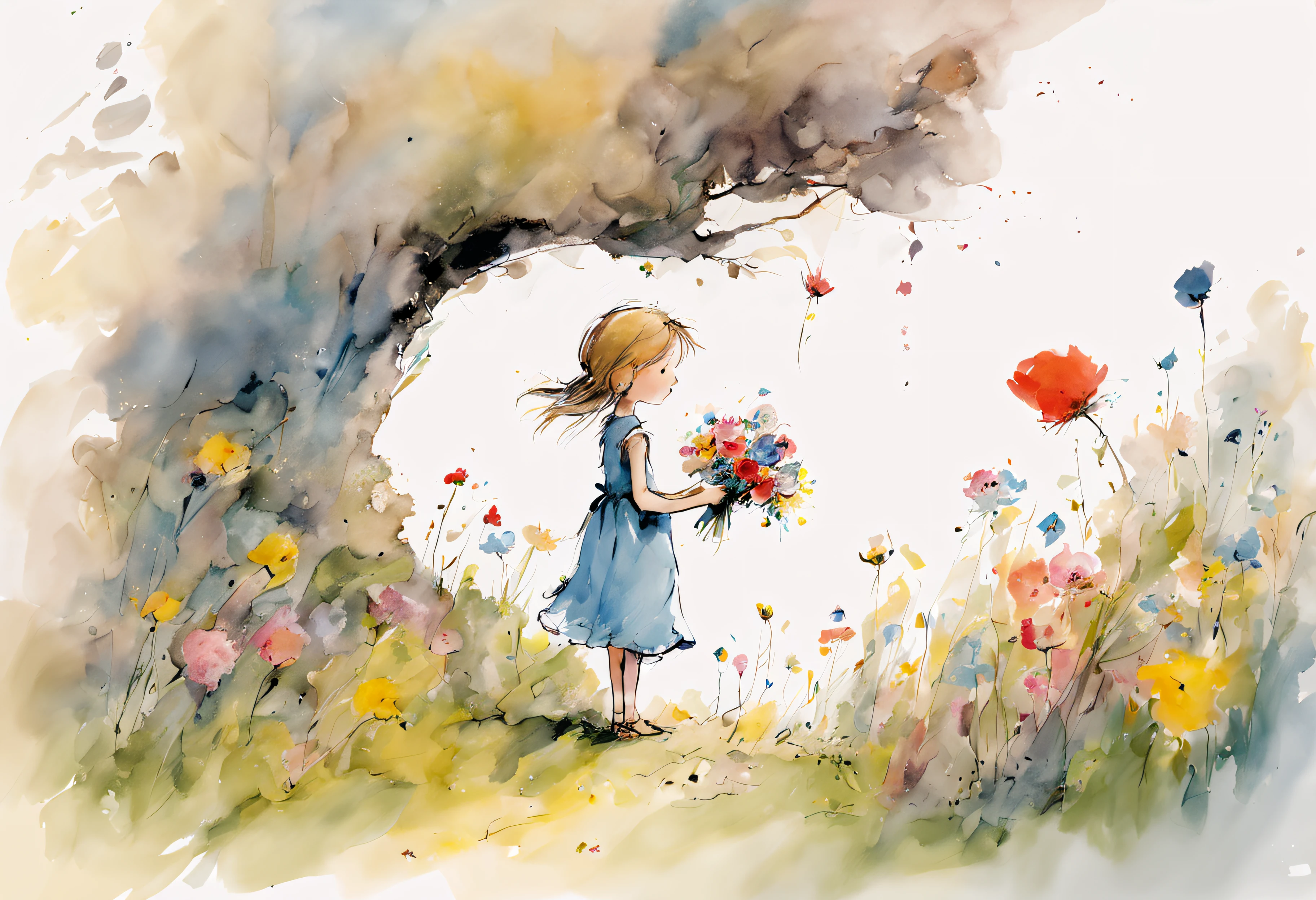 Quentin Blake style photo 、girl picking flowers、Fairytale worldview、hight resolution、Beautiful fece、top-quality、​masterpiece、ighly detailed