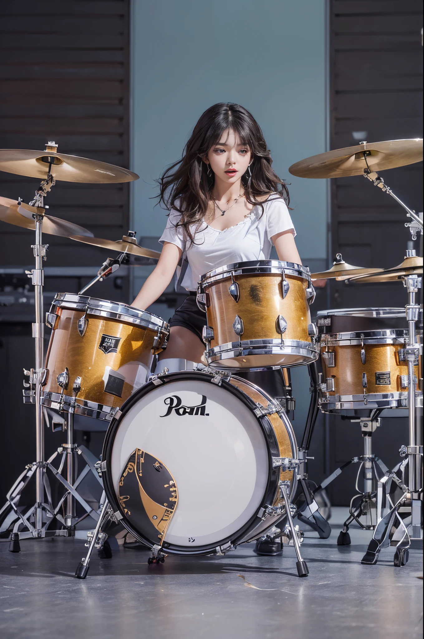 woman performing live、brunette disheveled hair、Detailed drum set:1.2、((Consists of bass drum, Floor tom, snare drum, tom tom, hi-hat cymbal, Ride Cymbals, and crash cymbal.))、(Pearl Drum Set)、((Pair drum set SSC925S:1.2))、Cat's ears