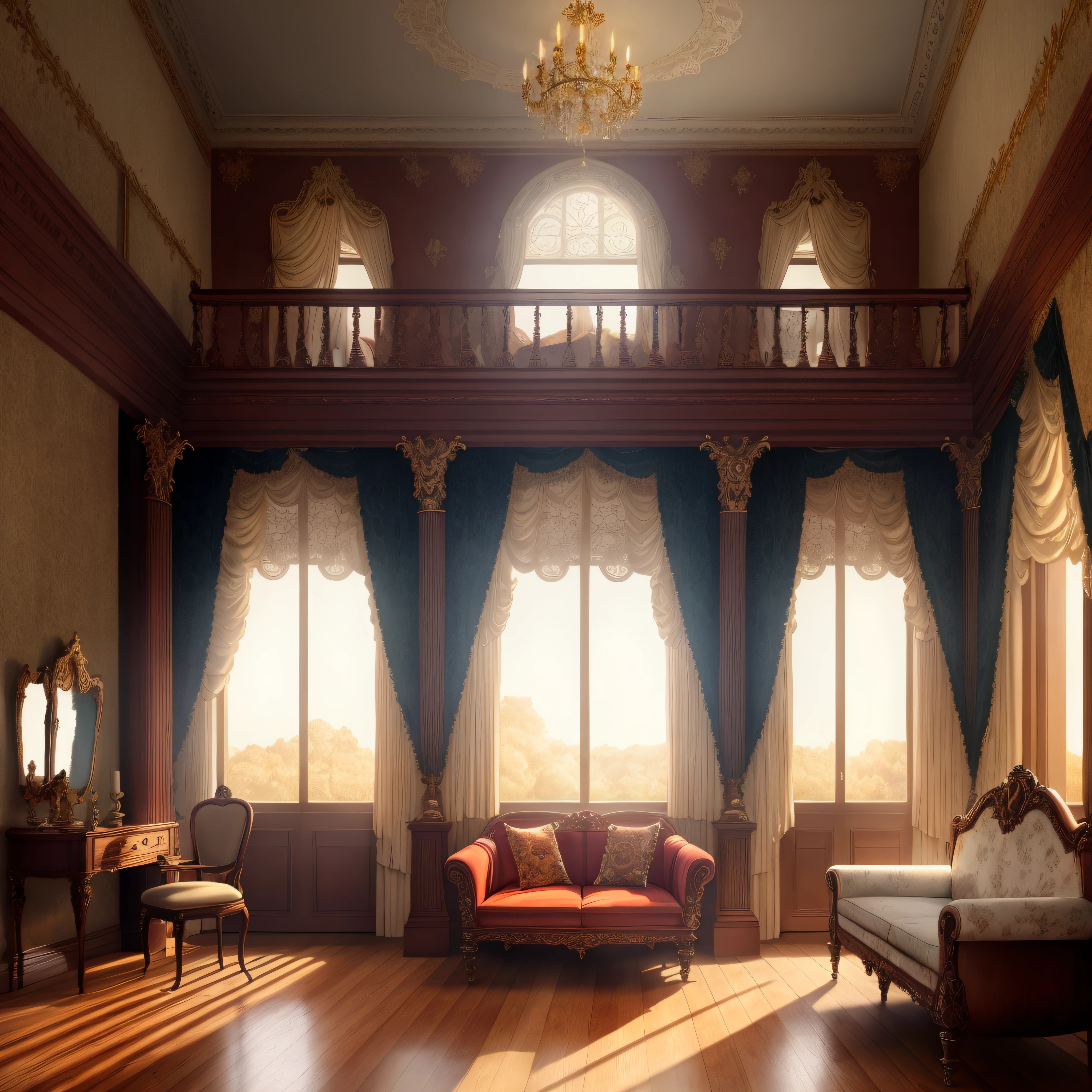 Luxury Gothic Victorian boudoir interior with wall detailing, ornate fabrics, (Masterpiece:1.1) (painting:1.1) (Weighted lines) (Best Quality) (Detailed) (Intricate) (8K) (HDR) (wallpapers) (Cinematic lighting) (sharp-focus)