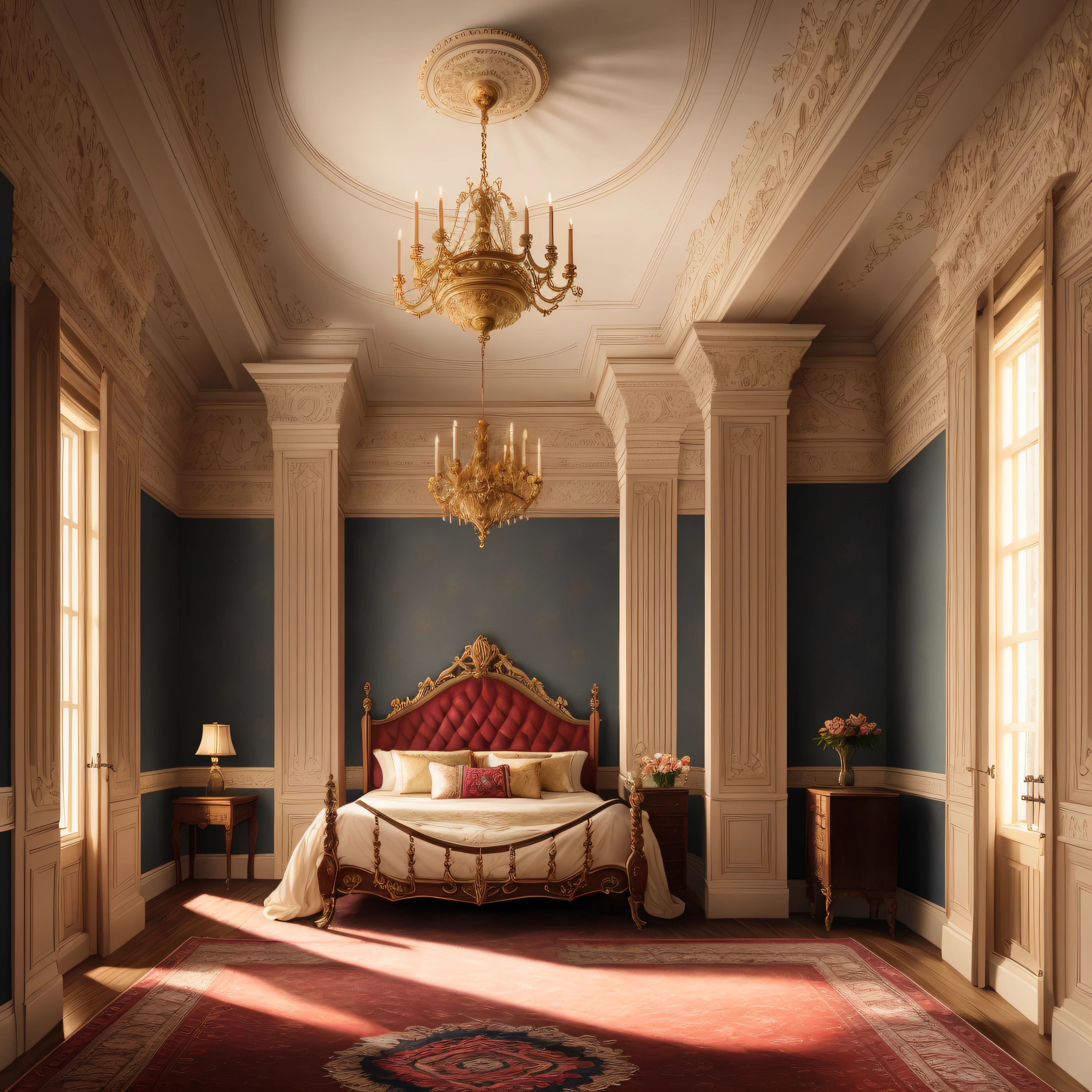 Luxury Gothic Victorian boudoir interior with wall detailing, ornate fabrics, (Masterpiece:1.1) (painting:1.1) (Weighted lines) (Best Quality) (Detailed) (Intricate) (8K) (HDR) (wallpapers) (Cinematic lighting) (sharp-focus)