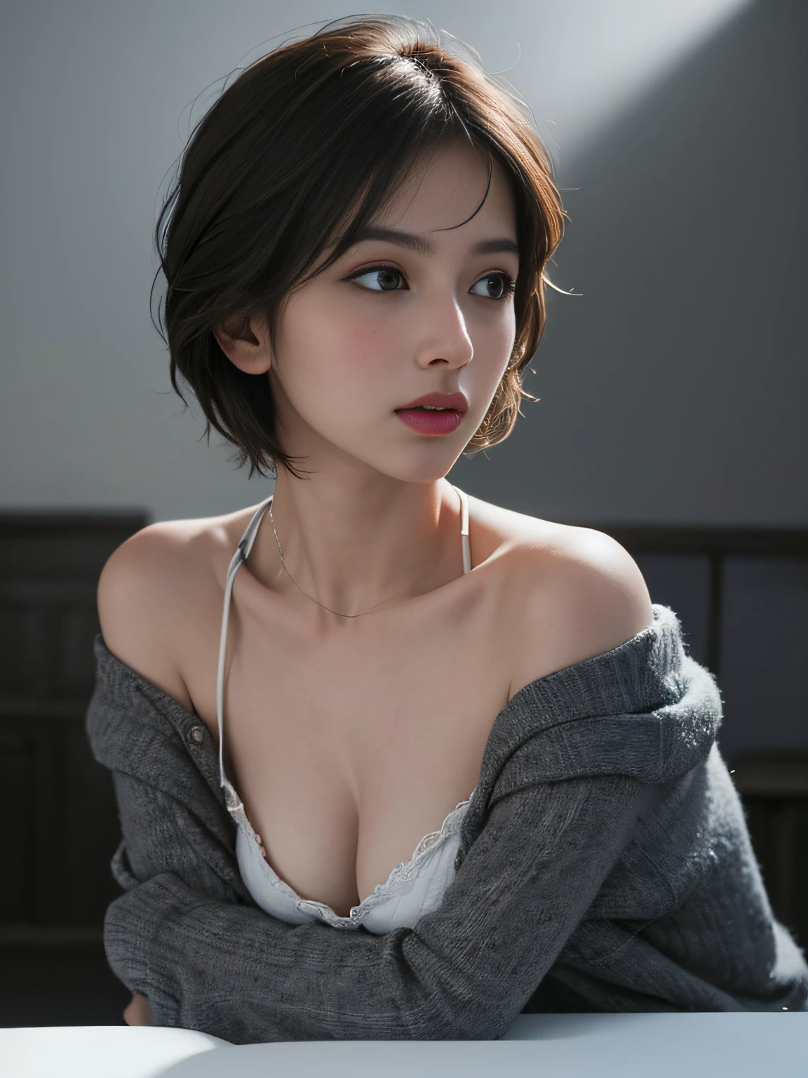 Best quality, masterpiece, ultra high res, (photorealistic:1.5), raw photo, 1girl, offshoulder, in the dark, deep shadow, low key, cold light, sexy look, short hair