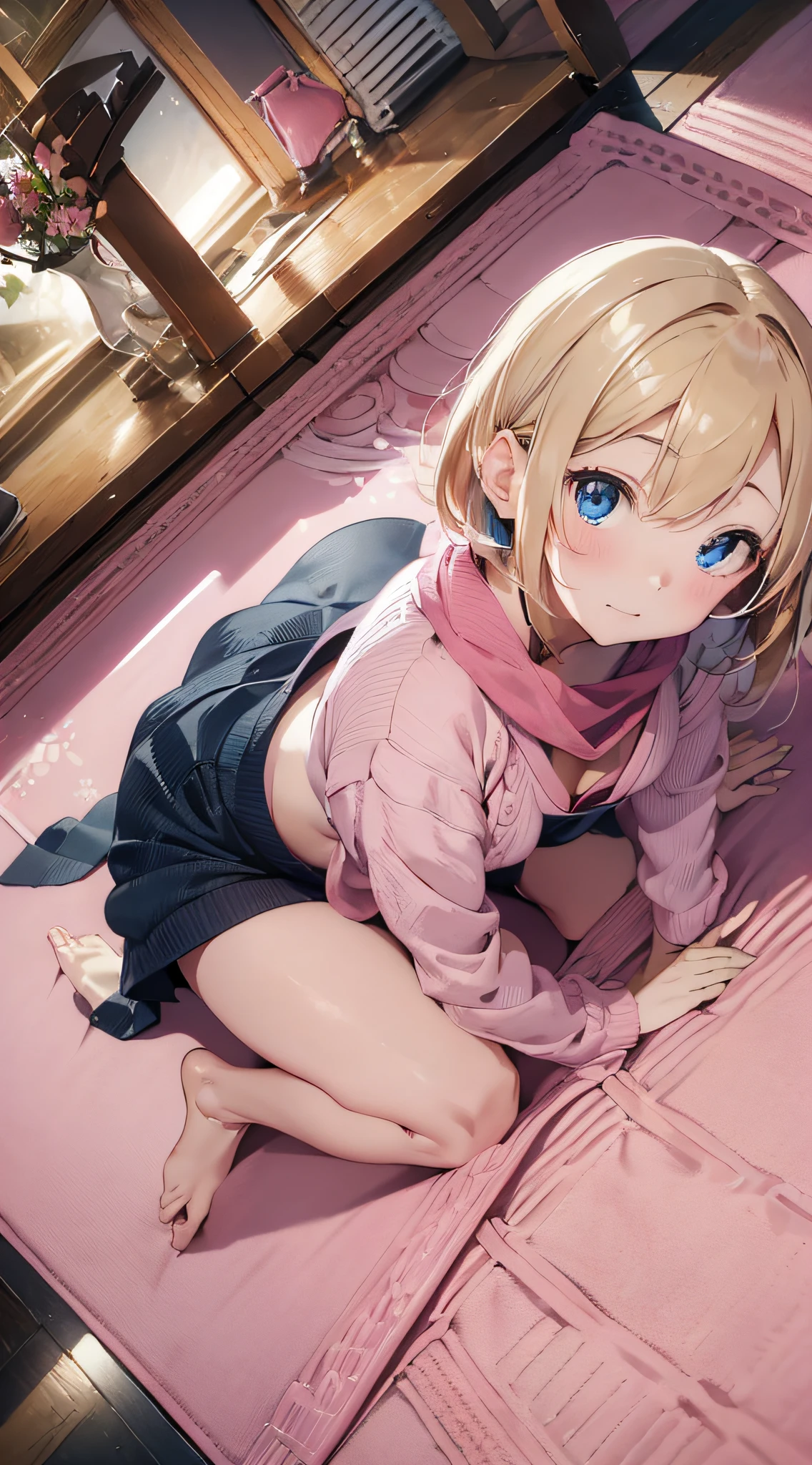top-quality、Top image quality、​masterpiece、girl with((18year old、Best Bust、big bast,Beautiful blue eyes、Breasts wide open, Blonde Bob Cut、A slender,Large valleys、Reflecting the whole body、red scarf、Black sweater clothes、White pants、Sit up)）hiquality、Beautiful Art、Background with((Nice and clean room.、pink floor mat、Kotatsu、tea)))、,masutepiece、visualart、depth of fields、