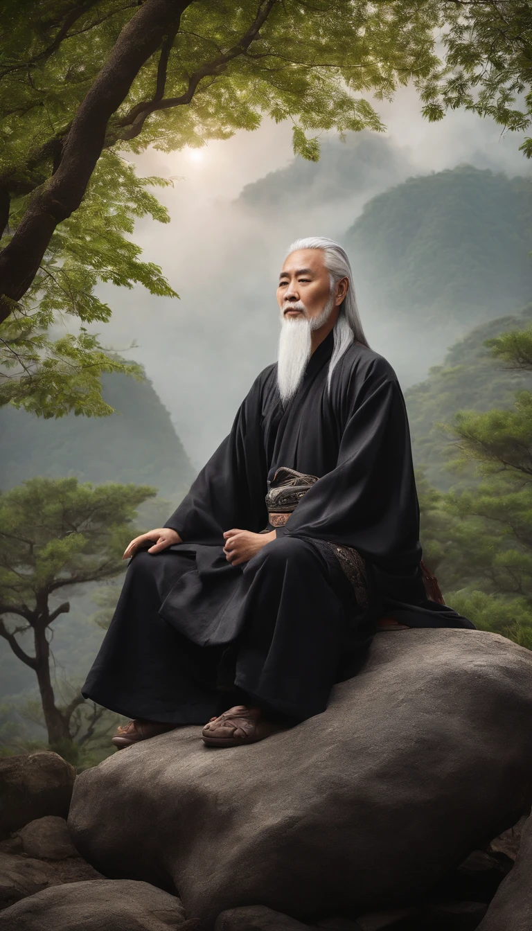 Close-up of a young Chinese Taoist leader sitting on a rock,long, White hair，Meditation cross-legged，Daoism, westindummantopreto，magical aura，Taoist,Taoist，are in the center，enjoy slow time，The colors are very vivid, Light particles, There is bright light, Mshiv, wallpaper art, ultra HD wallpaper