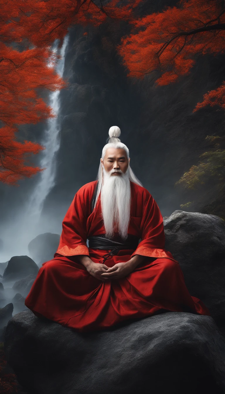 Close-up of a young Chinese Taoist leader sitting on a rock,long, White hair，Meditation cross-legged，Daoism, westindummantopreto，magical aura，Taoist,Taoist，are in the center，enjoy slow time，The colors are very vivid, Light particles, There is bright light, Mshiv, wallpaper art, ultra HD wallpaper