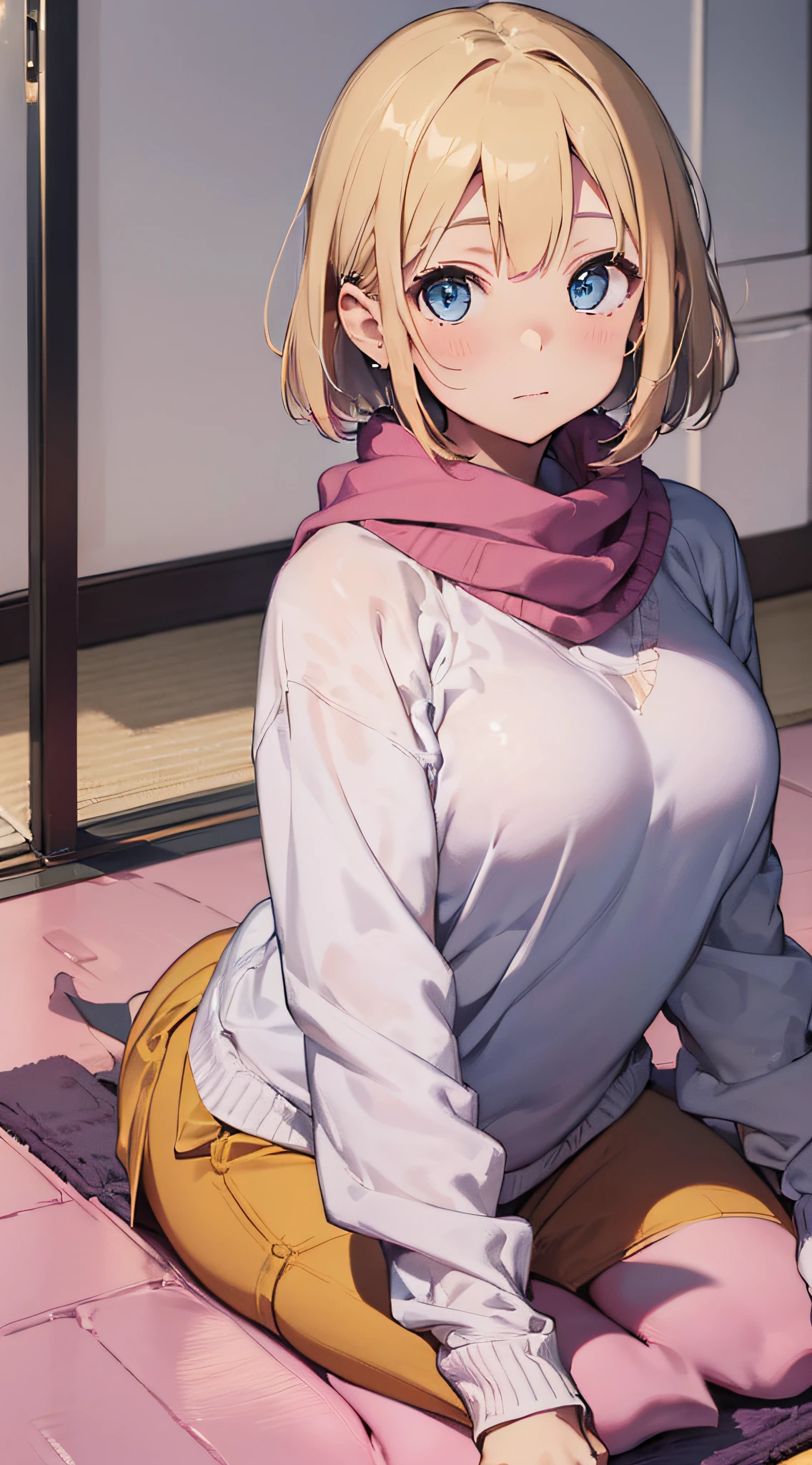 top-quality、Top image quality、​masterpiece、girl with((18year old、Best Bust、big bast,Beautiful blue eyes、Breasts wide open, Blonde Bob Cut、A slender,Large valleys、Reflecting the whole body、red scarf、Black sweater clothes、White pants、Sit up)）hiquality、Beautiful Art、Background with((Nice and clean room.、pink floor mat、Kotatsu、tea)))、,masutepiece、visualart、depth of fields、