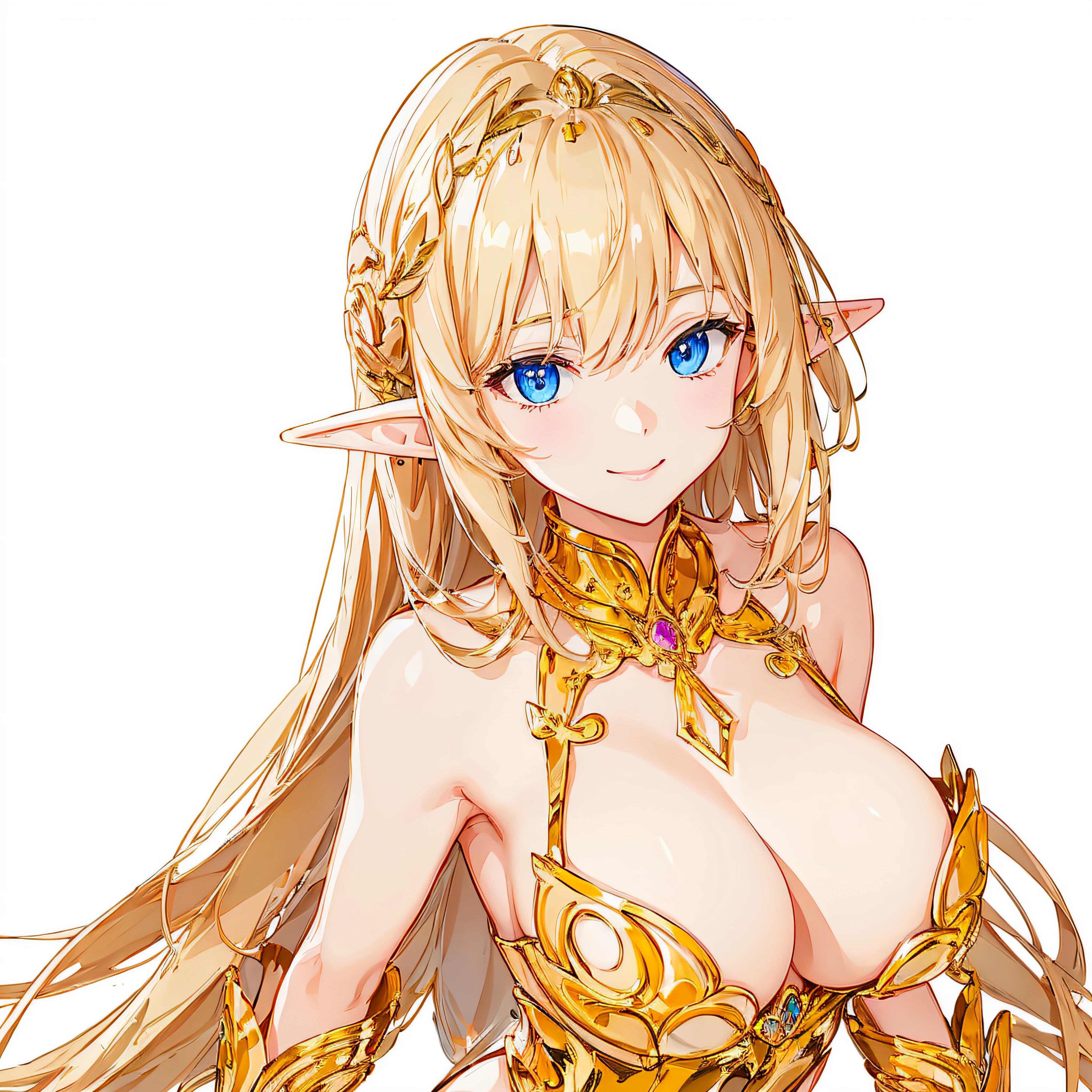 ​masterpiece、top-quality、ighly detailed、hight resolution、１６ｋ、fullnude、teats、Boob proportions、golden armour、Very thin skirt、Black pants、Full body like、Very white skin、Beautiful fingers、Anime girl with very big breasts posing naked、Perfect Style、elvish、no-bra、Blonde blue-eyed、A smile、An elf girl