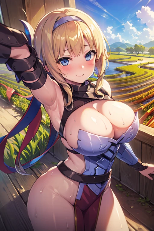 LeinaQuiron woman, 1girl, solo, breasts, blush, blue eyes, blonde hair, large breasts, cleavage, braid, hairband, armor, twin braids, side braid, short hair with long locks, buckle, shield BREAK (masterpiece, best quality:1.3), 4k, ultra-detailed, trending in pixiv, detailed background, BREAK (amidst the paddy field, countryside, scenery:1.4), BREAK (basking in the sunlight, yokozuwari, selfie:1.3), happy smile, (sweat, shiny skin:1.3)