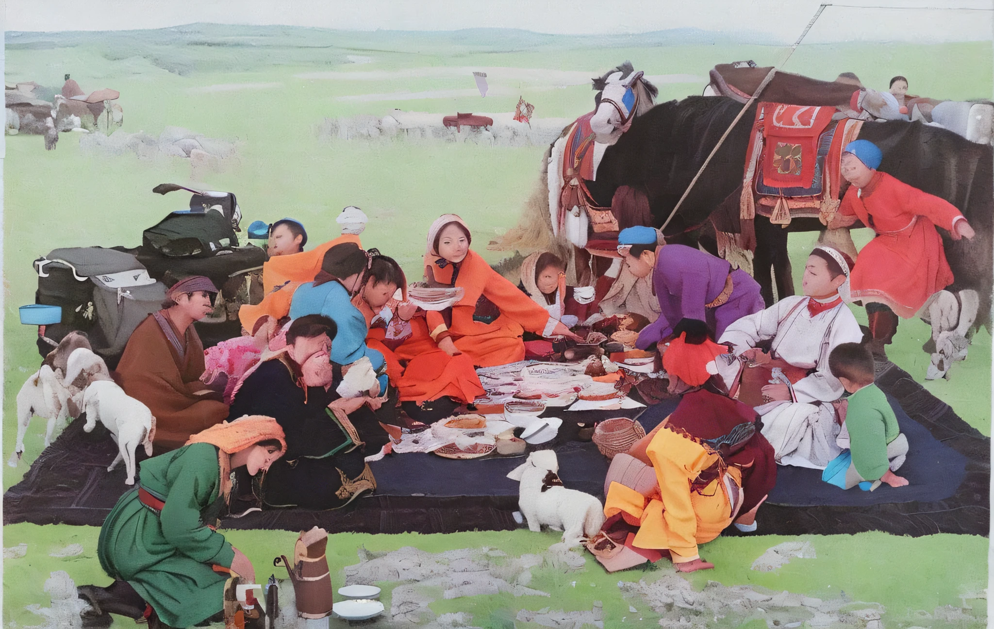 A group of people sitting on a blanket in a field, mongol, Mongolian,Mongolian costume,Pubic area is clear,Photos Ancient Mongolia Elon Musk, being in the grassland, , people go on picnic, Oriental scene,