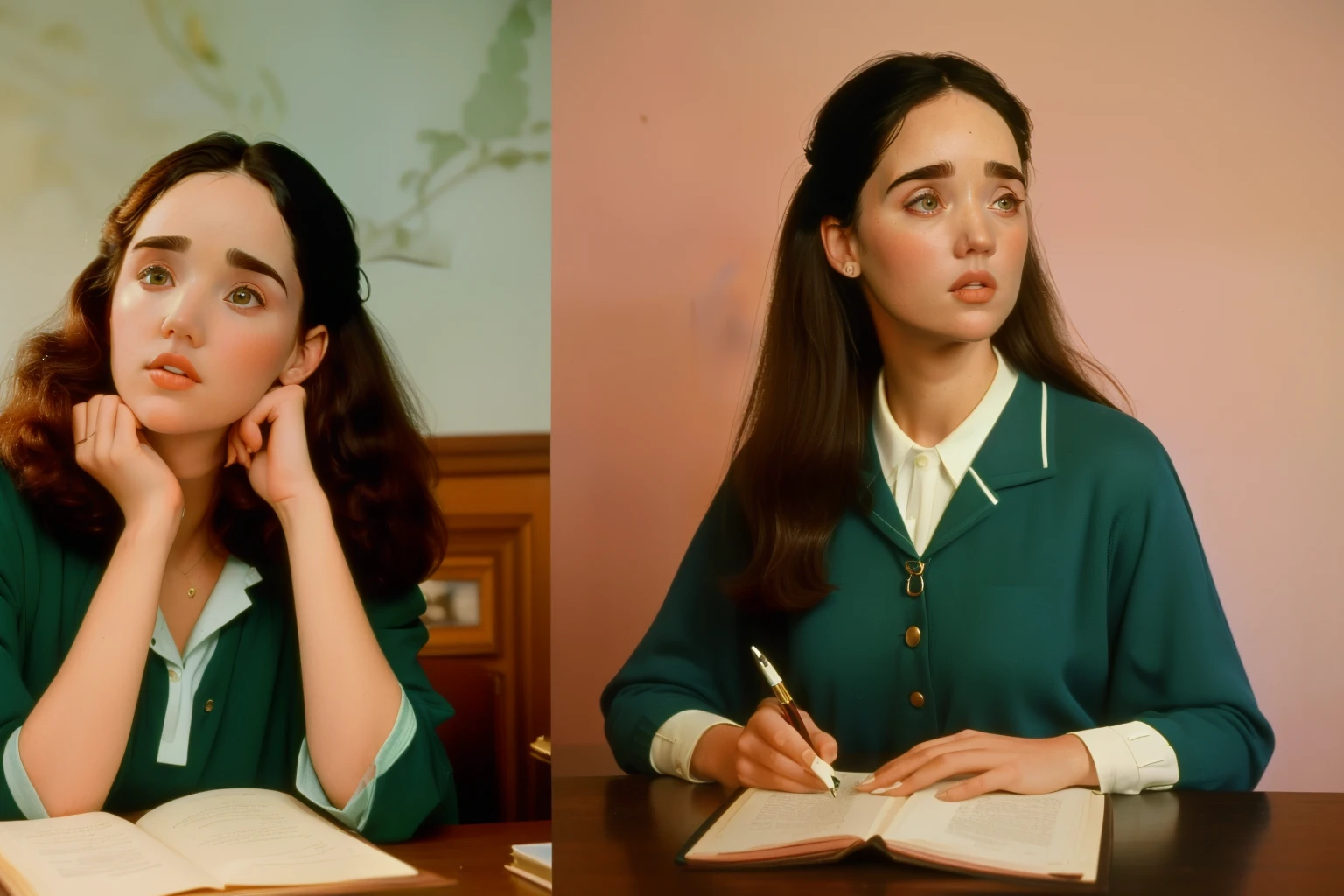 1981, Berkshire, Massachusetts. Pre-raphaelite ((((26-year-old)) Jennifer Connelly)), studying, med school, ((((casual Clothing from the 1980s)))) ((Hairstyle of the 1980s)), ((Wes Anderson cinematic style)), colorful