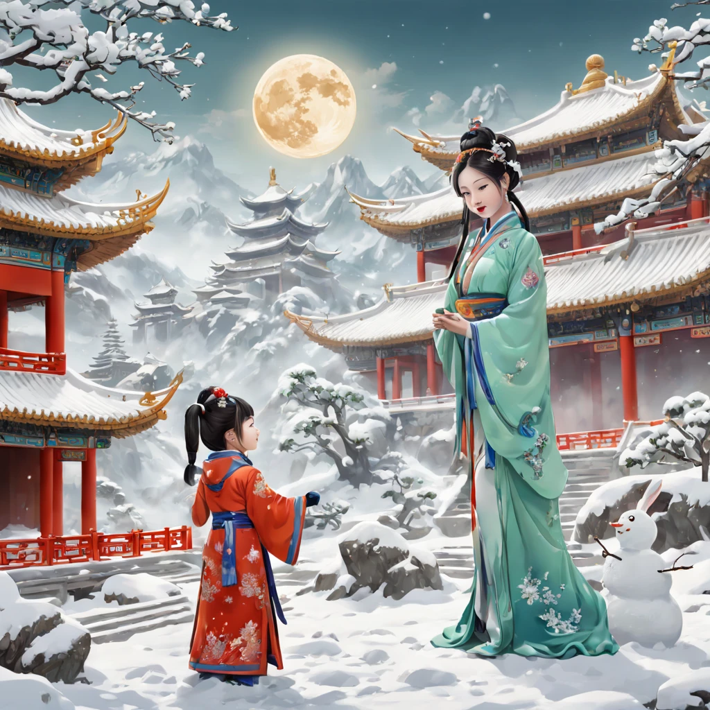 (Chinese Mythology Moon Palace Snow Scenery Draft:1.4),(对称:1.5),(tmasterpiece,A girl is playing with the Jade Rabbit,Kneel on the snow and build a snowman with your hands: 1.5, middle, Chinese elements),(Snowman wearing an ancient Chinese official hat: 1.3),(China - chic illustration:1.2, Vector painting:1.2),(Chinese colors,senior color matching),(reasonable design, Clear lines, High sharpness,Best quality, Very detailed, tmasterpiece, offcial art, movie light effect), (concept-art, Ghibli-style colors, ultra-realistic realism, hyper HD, tmasterpiece, acurate, Anatomically correct, super detailing, Award-Awarded, Best quality at best, A high resolution, 8K,The picture is bright,globalillumination,high saturated)