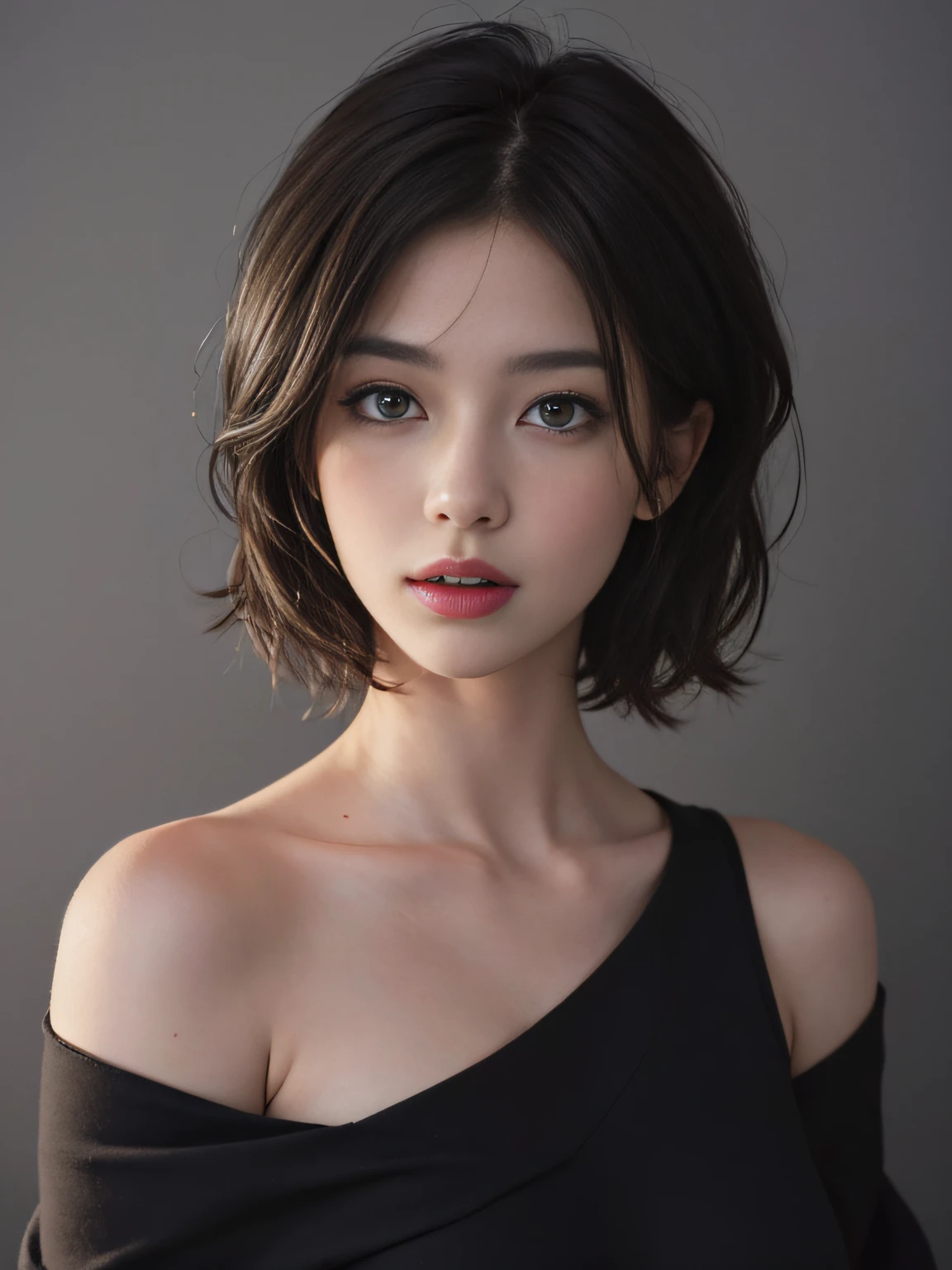 Best quality, masterpiece, ultra high res, (photorealistic:1.5), raw photo, 1girl, offshoulder, in the dark, deep shadow, low key, cold light, sexy look, short hair