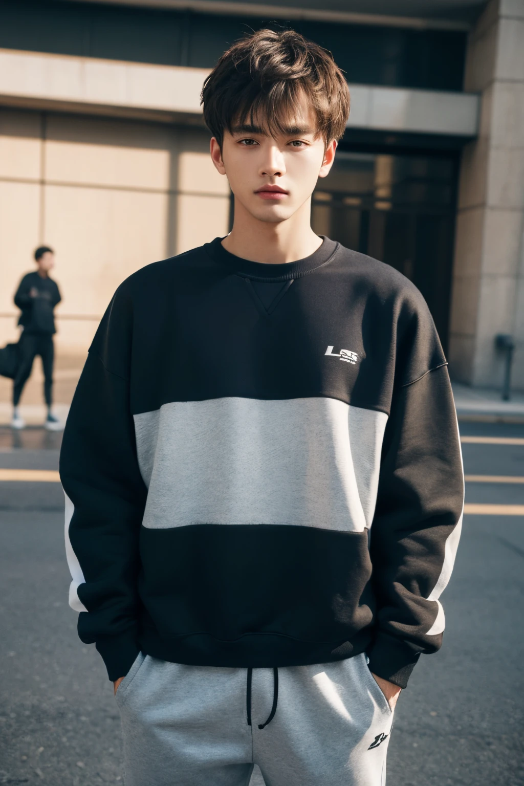 Fashionable sweatshirts, men's sweatshirts, casual fashion, front view, hyper-realistic photography, commercial photography, hyper-realistic, ultra-high-definition, LS, high-definition 8k --ar 16:9 --s 750 --v 5.1
