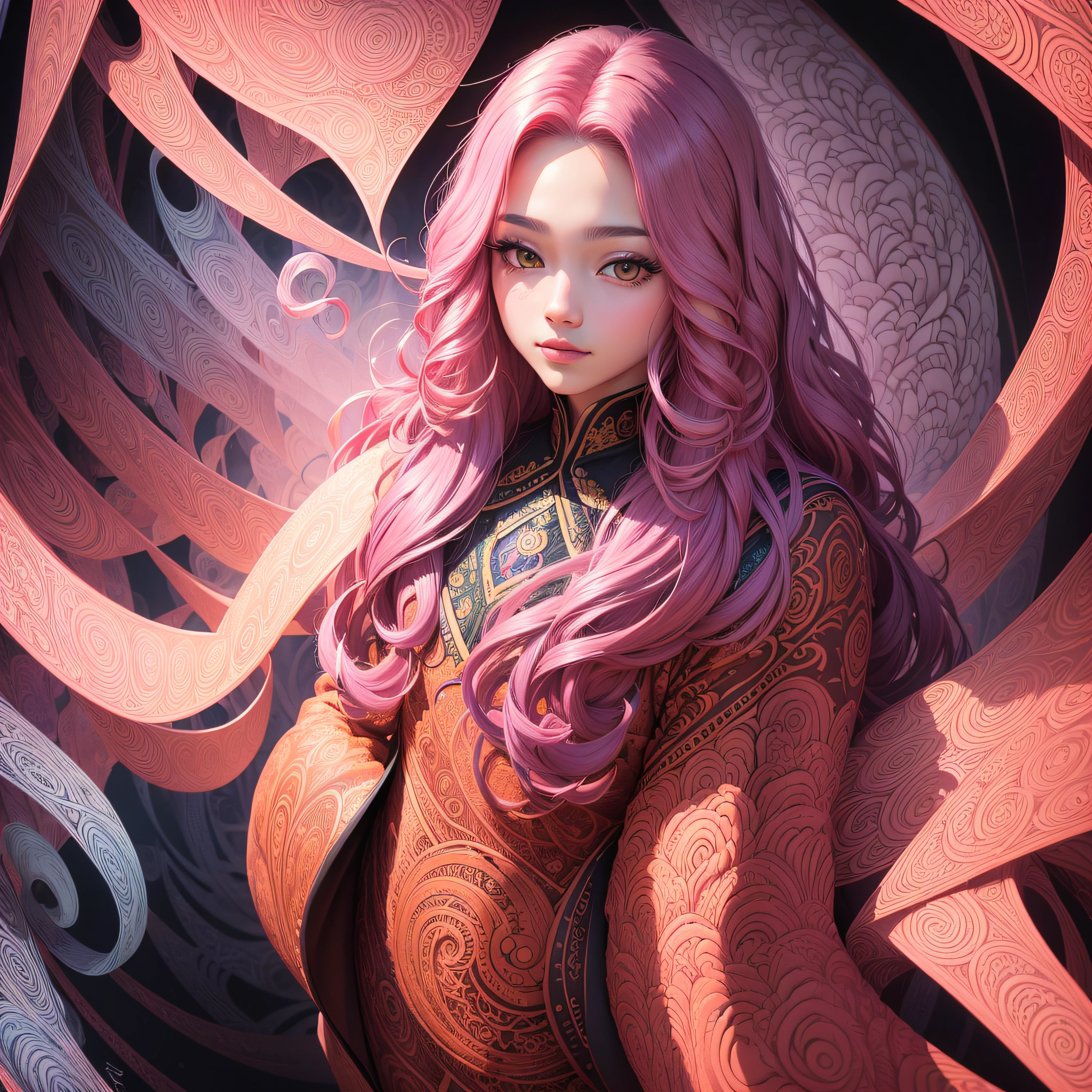 ((tmasterpiece:1.2, Best Quality)), Ultra-detailed, Ultra-precise imaging, Ultra high-definition images, (Zentangle:1.2), (dynamicposes), (Abstract background:1.5), Wavy long hair, rose hair, 1 Jisoo, colourfull, portrait of the, (From directly above:1.2)