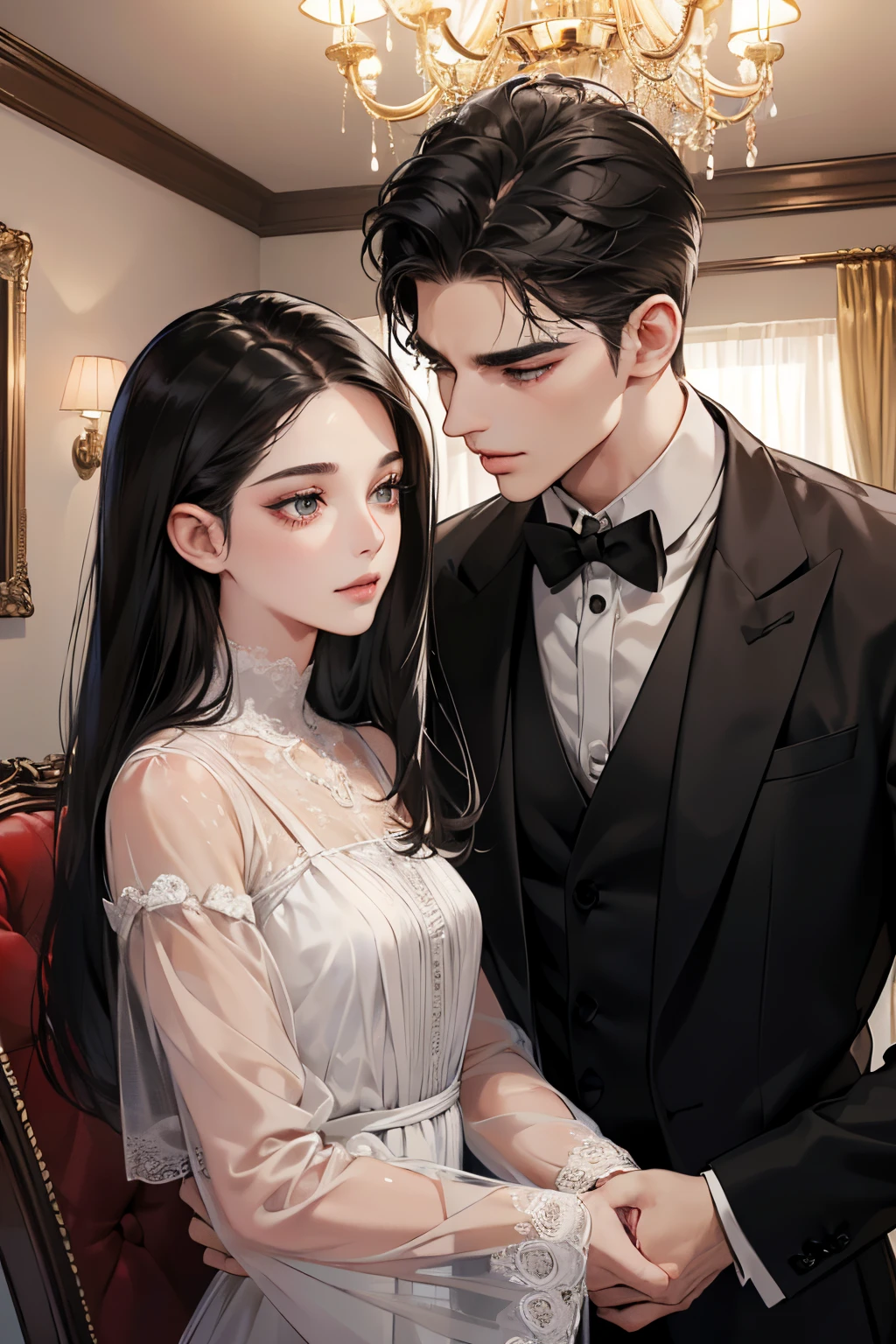 Couple, 1 girl, 1 boy, romantic, modern dress, black outfit, elegant room background, handsome face, romantic, extreme details, digital art, 8K, Ultra HD,
