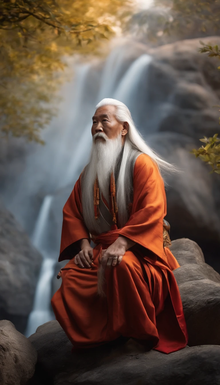 Close-up of a Chinese Taoist leader sitting on a rock,long, White hair,Meditation cross-legged,Daoism, The Westin Dumanto Preto,magical aura,Taoist,Taoist,Located in the center,enjoy slow time,The colors are very vivid, Light particles, There is bright light, Mshiv, wallpaper art, ultra HD wallpaper