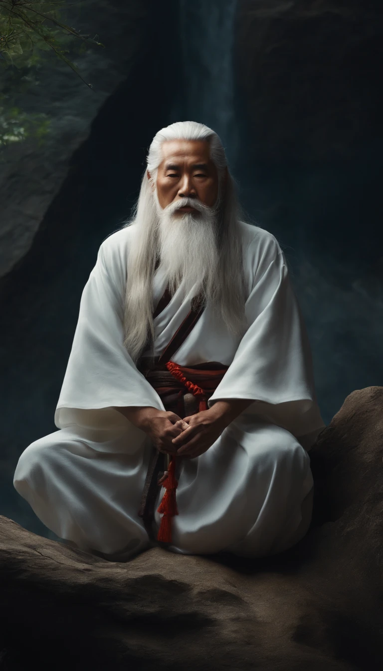 Close-up of a Chinese Taoist leader sitting on a rock,long, White hair，Meditation cross-legged，Daoism, The Westin Dumanto Preto，magical aura，Taoist,Taoist，Located in the center，enjoy slow time，The colors are very vivid, Light particles, There is bright light, Mshiv, wallpaper art, ultra HD wallpaper
