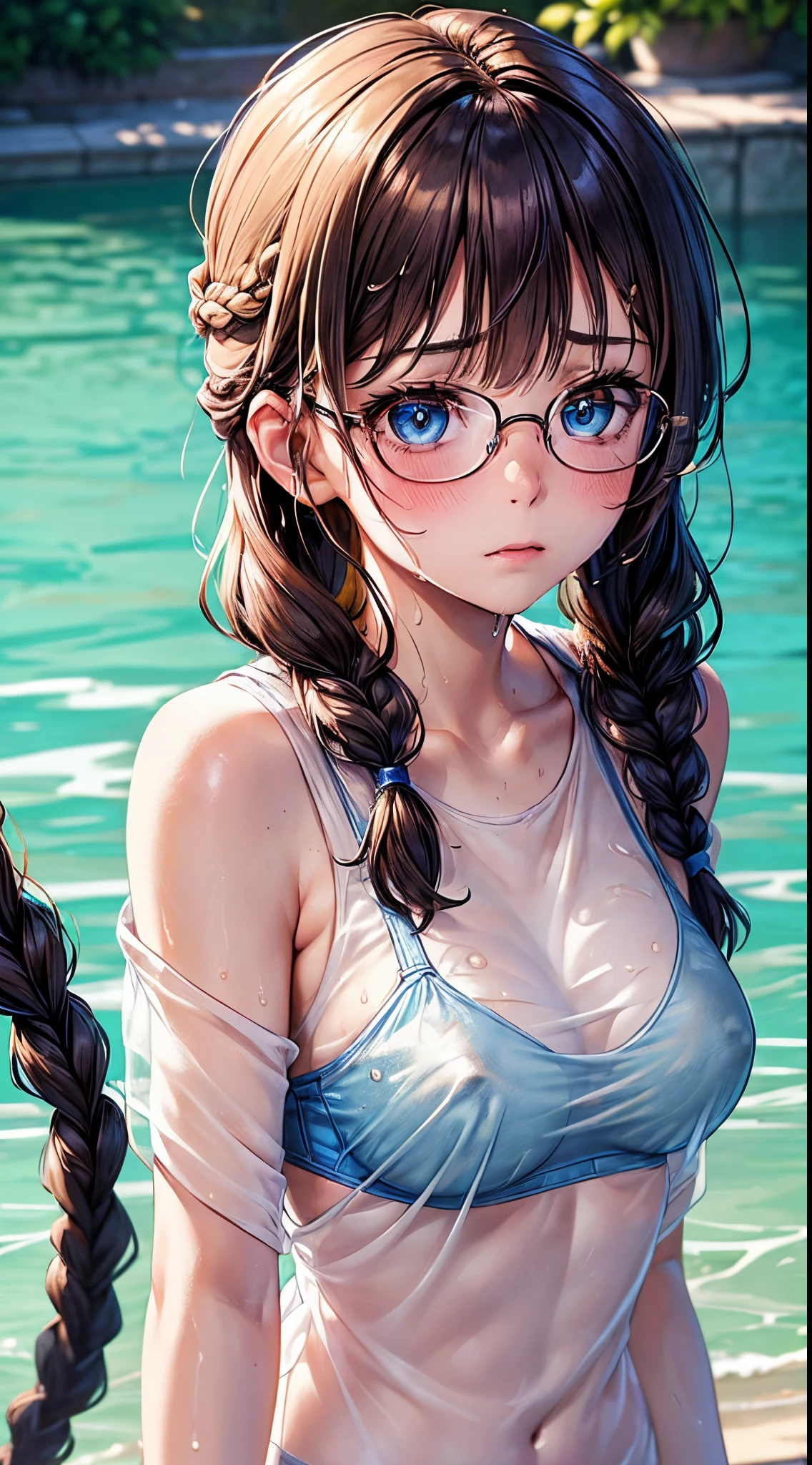 1womanl,Golden head hair, ,((Impatient expression)),Beautiful breasts,thin white tanktop,well-styled,,(Facing the front)(((Blushing cheeks、Surprised look)),(((short braid))),((( Upper body portrait)))Frameless glasses,Blue eyes,(((Bangs are aligned)))((see -through))Sexy Bra((Wet with water))