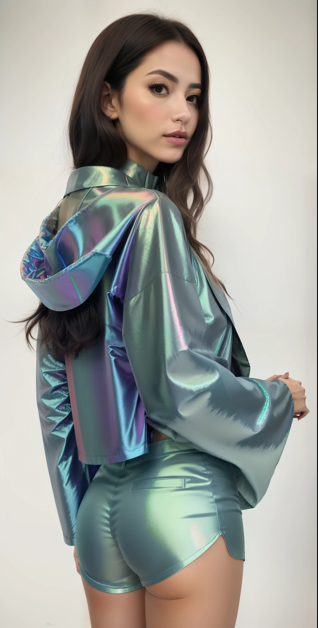 um close de uma mulher com uma jaqueta brilhante e shorts, iridescent sci-fi kimono, casaco elegante para uma rave, casaco para uma rave, cor iridescentee, detalhes iridescentees, iridescent aesthetics, cores iridescentees, acentos iridescentees. vibrante, vestindo futurista, Cores iridescentees, iridescente, Holographic!!!, cores iridescentees vibrantees, metais iridescentees