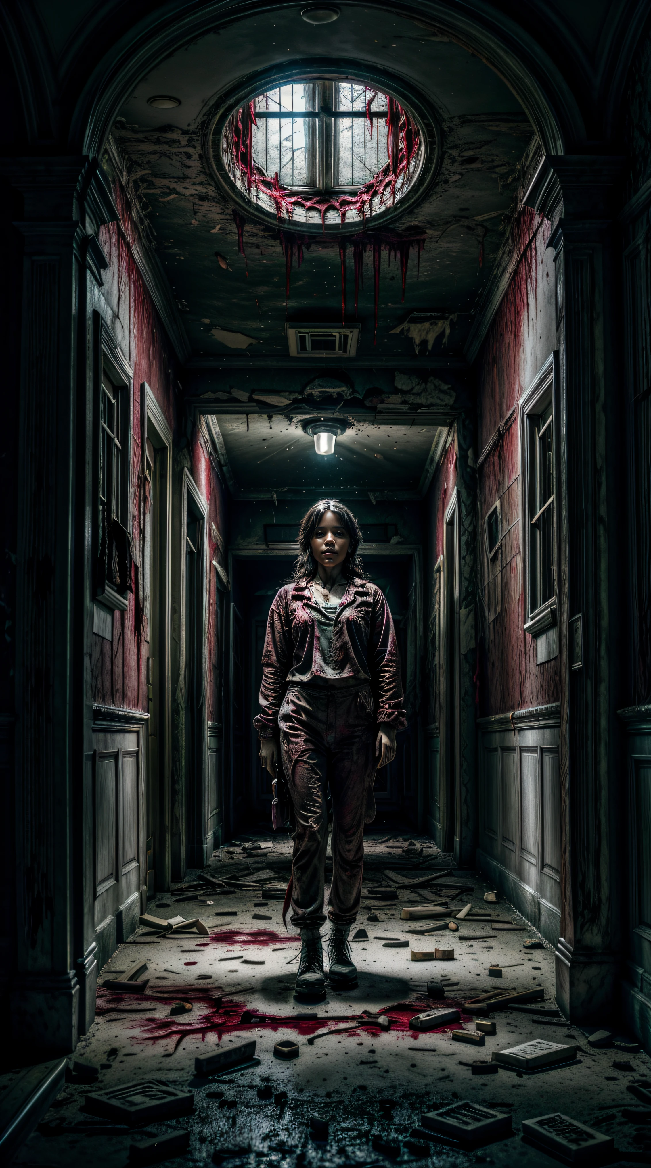 Generate a chilling and hyper-realistic image of Jortega transformed into a horrifying zombie, set within the nightmarish confines of an abandoned hospital, meticulously detailed in 4k UHD quality. Envision Jortega in a blood-soaked nurse's outfit, every crease and fabric stained with a disturbing level of realism, emphasizing the aftermath of a terrifying event.

The haunting hospital hallway should be rendered with unparalleled detail, showcasing the eerie emptiness and isolation that amplifies the sense of dread. The lighting should play a crucial role, casting long, unsettling shadows that contribute to the overall horror atmosphere.

Focus on Jortega's face, ensuring flawless realism in depicting the gruesome effects of her transformation. Every wound, bloodstain, and zombified feature should be seamlessly integrated, avoiding any artificial or duplicated elements. Utilize professional-grade photography techniques to enhance the horror theme, capturing the essence of the nightmarish scenario in vivid detail.

The background should be meticulously crafted, with realistic decay and dilapidation, showcasing the hospital's abandonment and adding to the overall unsettling ambiance. The portrayal should be so lifelike that it evokes a genuine sense of horror, making the viewer feel the chilling presence of Jortega in this terrifying and desolate hospital setting.
