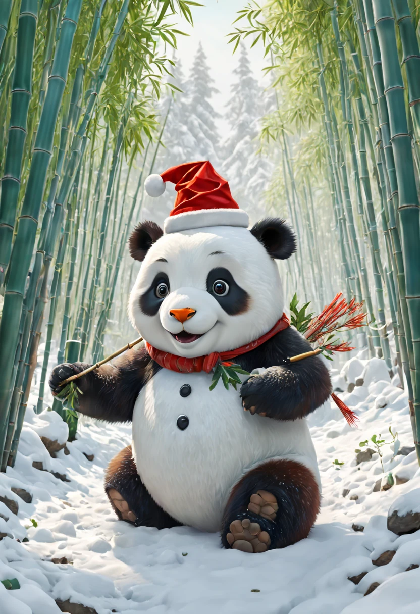 (White bamboo forest snow scene draft:1.4), (Symmetrical:1.3),(tmasterpiece, A cute and naive Chinese giant panda is playing,Kneel on the snow and build a snowman with your hands: 1.5, middle, European Christmas elements),(Snowman wearing Christmas hat: 1.5),(China - chic illustration:1.2, Vector painting:1.2),(Chinese colors,Advanced RGB color matching),(reasonable design, Clear lines, High sharpness,Best quality, Very detailed, tmasterpiece, offcial art, movie light effect), (concept-art, Ghibli-style colors, ultra-realistic realism, hyper HD, tmasterpiece, acurate, Anatomically correct, super detailing, Award-Awarded, Best quality at best, A high resolution, 8K,The picture is bright,globalillumination,high saturated)