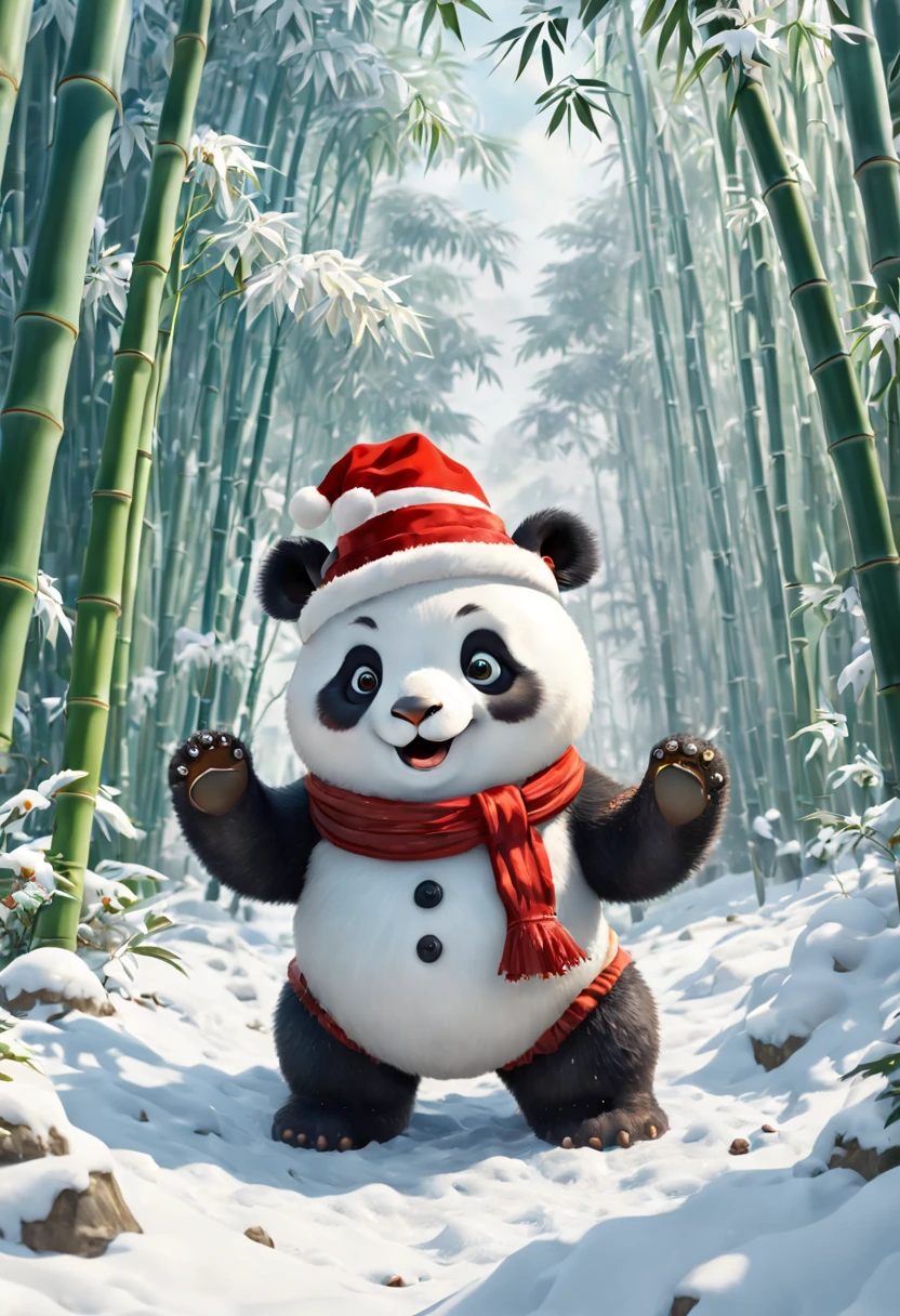 (White bamboo forest snow scene draft:1.4), (Symmetrical:1.3),(tmasterpiece, A cute and naive Chinese giant panda is playing，Kneel on the snow and build a snowman with your hands: 1.5, middle, European Christmas elements)，(Snowman wearing Christmas hat: 1.5),（China - chic illustration:1.2, Vector painting:1.2),(Chinese colors,Advanced RGB color matching),(reasonable design, Clear lines, High sharpness,Best quality, Very detailed, tmasterpiece, offcial art, movie light effect), (concept-art, Ghibli-style colors, ultra-realistic realism, hyper HD, tmasterpiece, acurate, Anatomically correct, super detailing, Award-Awarded, Best quality at best, A high resolution, 8K，The picture is bright，globalillumination，high saturated)