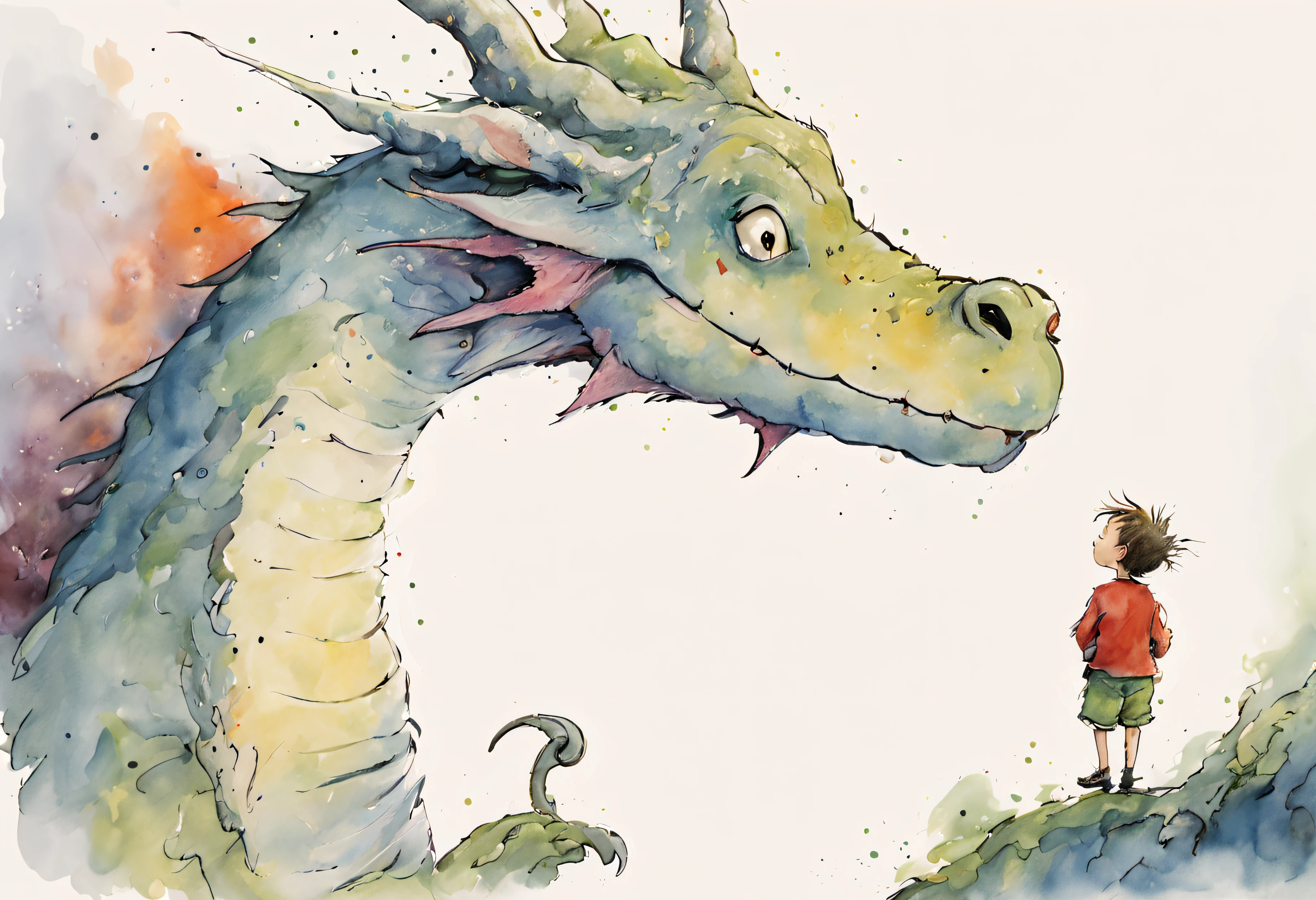 Quentin Blake style photo 、gentle dragon face、A child and an animal are on the back、Fairytale worldview、hight resolution、Beautiful fece、top-quality、masterpiece、ighly detailed