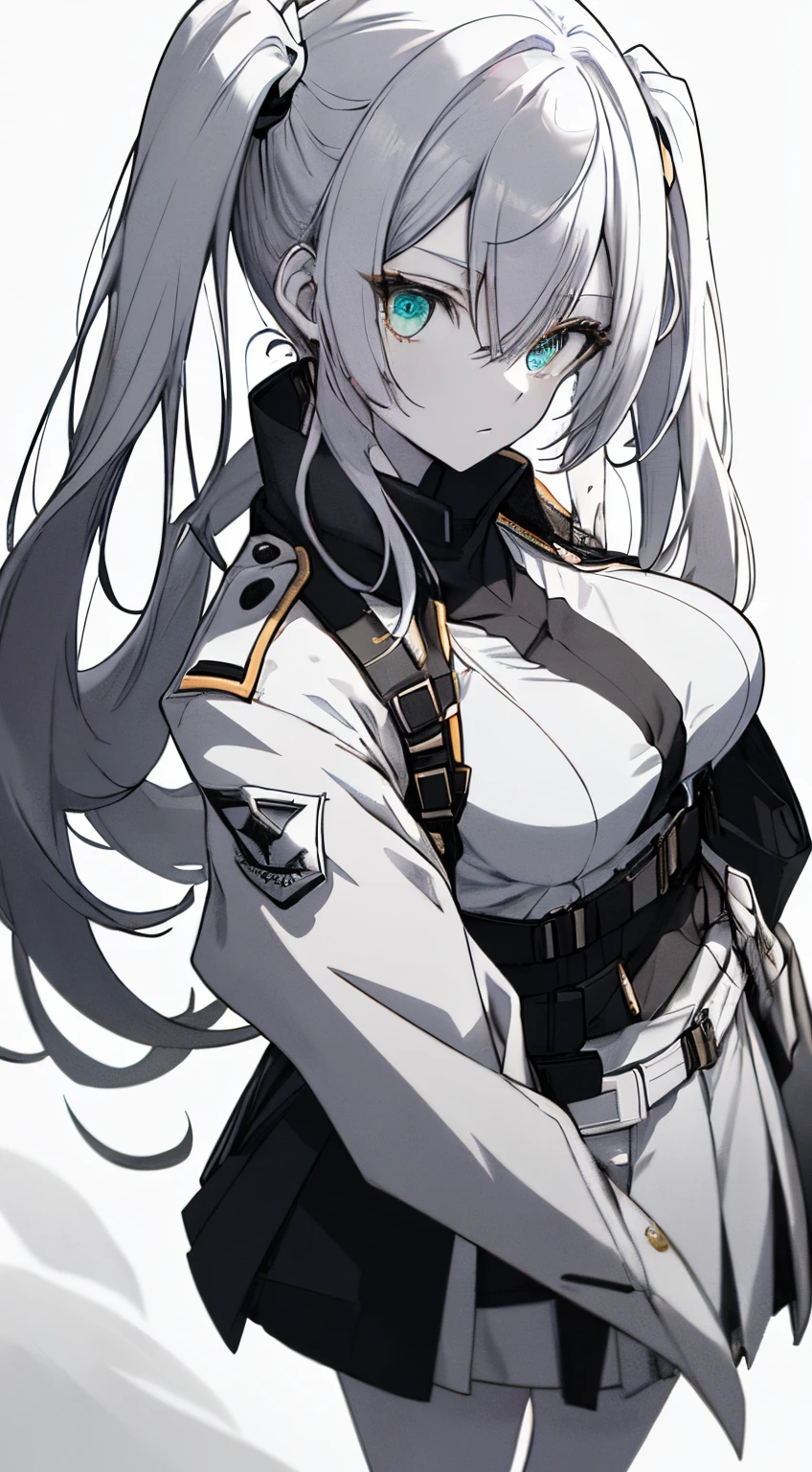 Full body, Very White one-piece military uniform, Jet black head of hair,(masutepiece:1.2, Best Quality), (finely detailed beautiful eye: 1.2), (beautifull detailed face), High contrast, (Best Illumination, extremely delicate and beautiful), ((Cinematic Light)), Dramatic light, Intricate details,Turquoise eyes, Short stature, Undersized boobs, Belt under boobs, Very White military uniform, White skirt,Very dark gray hair, Black tie, (Pale white background:1.5), Long twin tails fluttering in the wind,Twin tails long enough to touch the ground,white clothes,