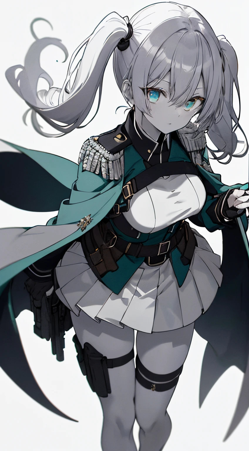 Full body, Very White one-piece military uniform, Jet black head of hair,(masutepiece:1.2, Best Quality), (finely detailed beautiful eye: 1.2), (beautifull detailed face), High contrast, (Best Illumination, extremely delicate and beautiful), ((Cinematic Light)), Dramatic light, Intricate details,Turquoise eyes, Short stature, Undersized boobs, Belt under boobs, Very White military uniform, White skirt,Very dark gray hair, Black tie, (Pale white background:1.5), Long twin tails fluttering in the wind,Twin tails long enough to touch the ground,white clothes,