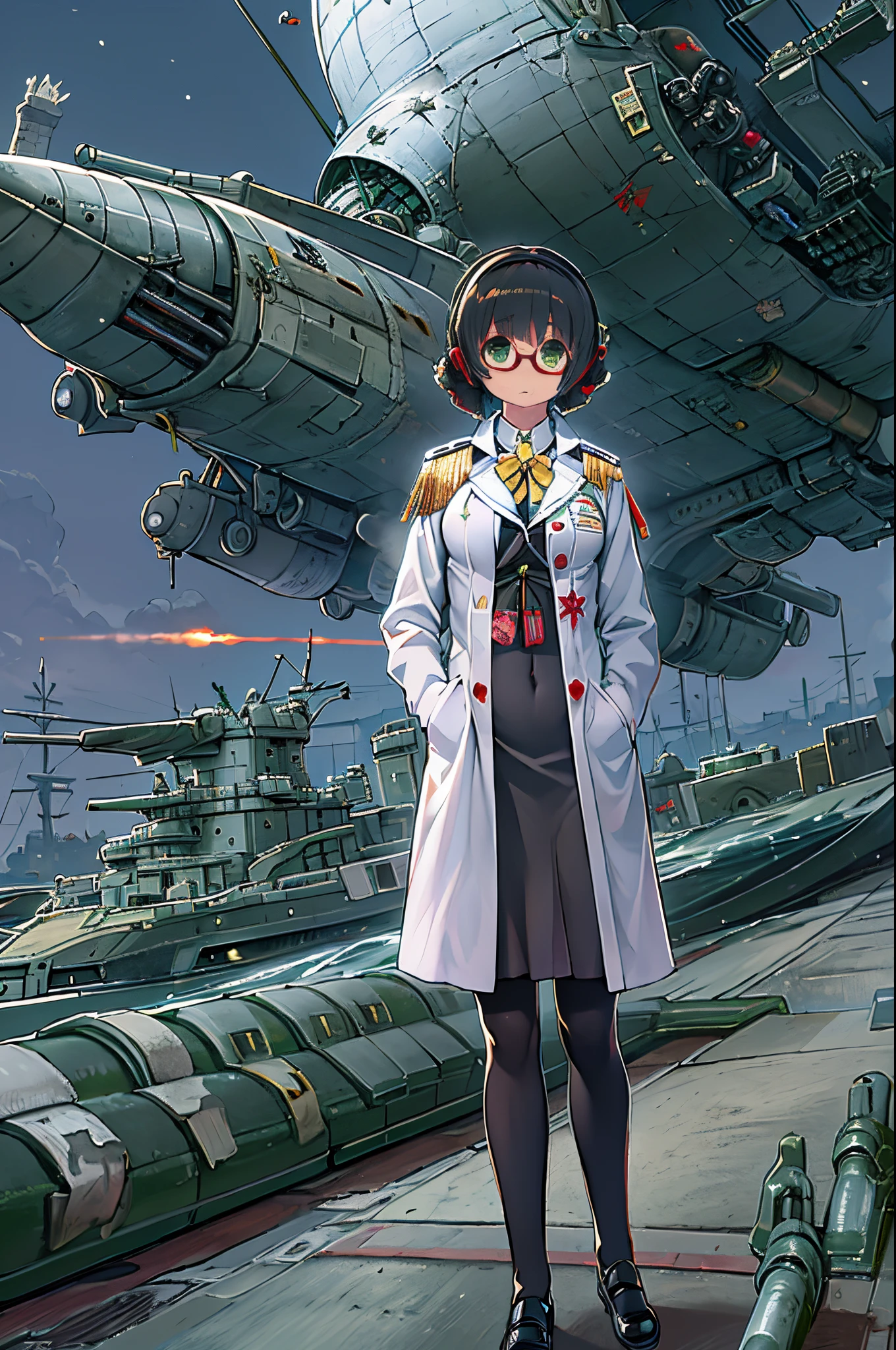 Anime girl in uniform standing in front of a battleship - SeaArt AI