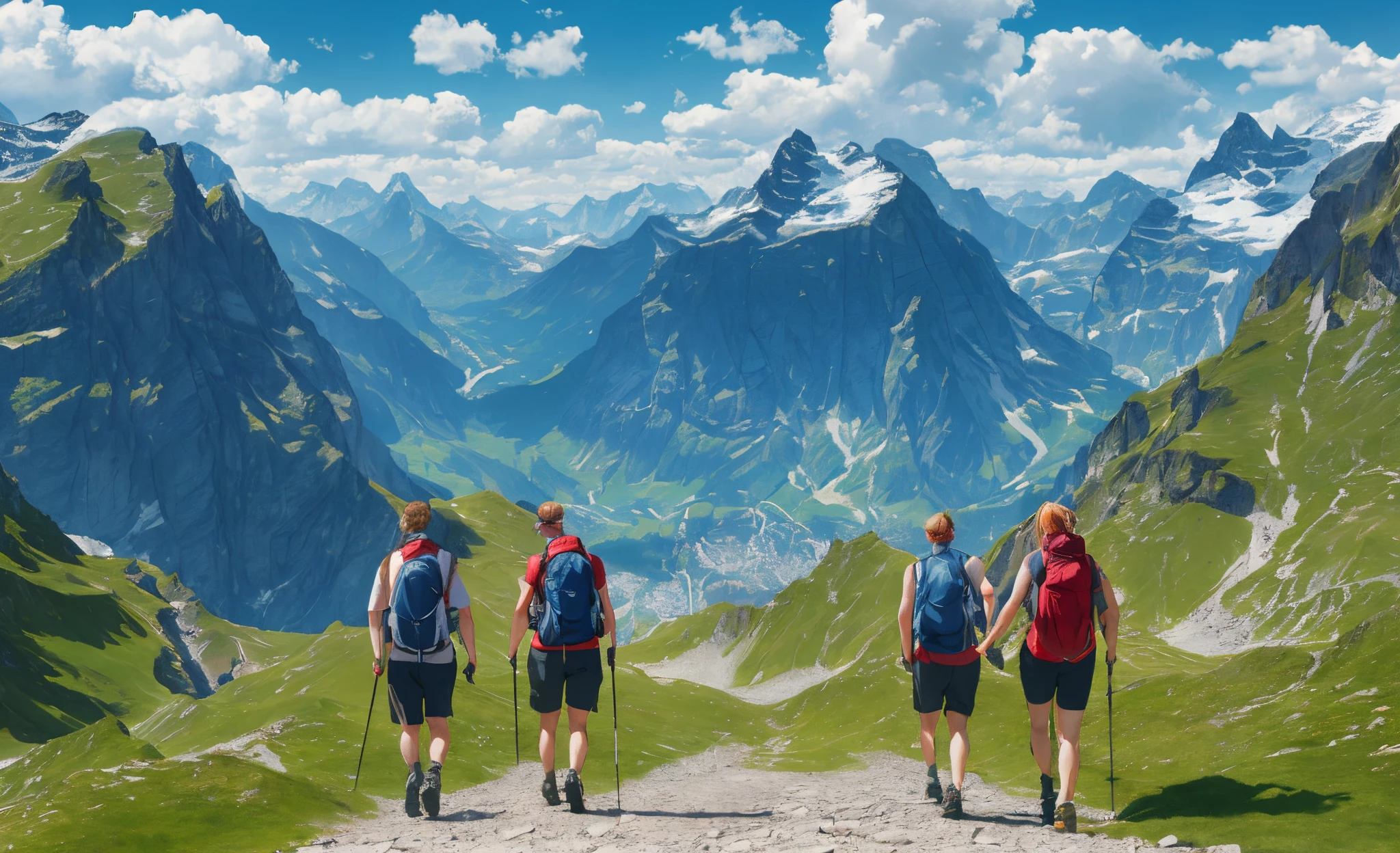 majestic mountains of switzerland in summer々A man and a woman hiking in front of