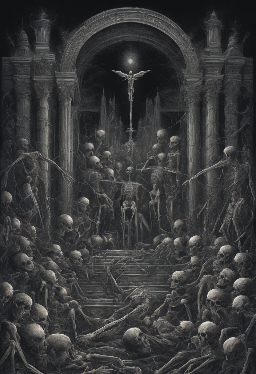 The skeletons and Lucifer talk to each other above a pile of corpses, fantasy, Intricate, elegant, Highly detailed, Centered, symetry, picure, Intricate, voluminetric lighting, Beautiful, rich deep colors masterpiece, Sharp focus, Ultra detailed, in the style of dan mumford and marc simonetti, astrophotography