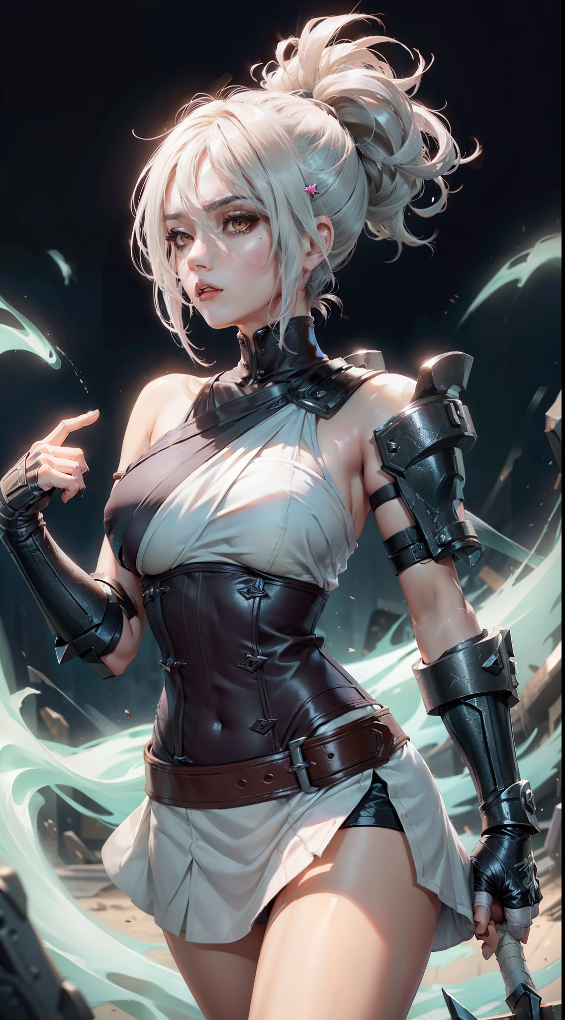 (tmasterpiece:1.2), Best quality, Raven \(league of legend\), 1 busty girl, folded ponytail, short  skirt, Core groups, a shoulder armor, White hair, black eyeshadows, exposed bare shoulders, upper part of body, sporty attire