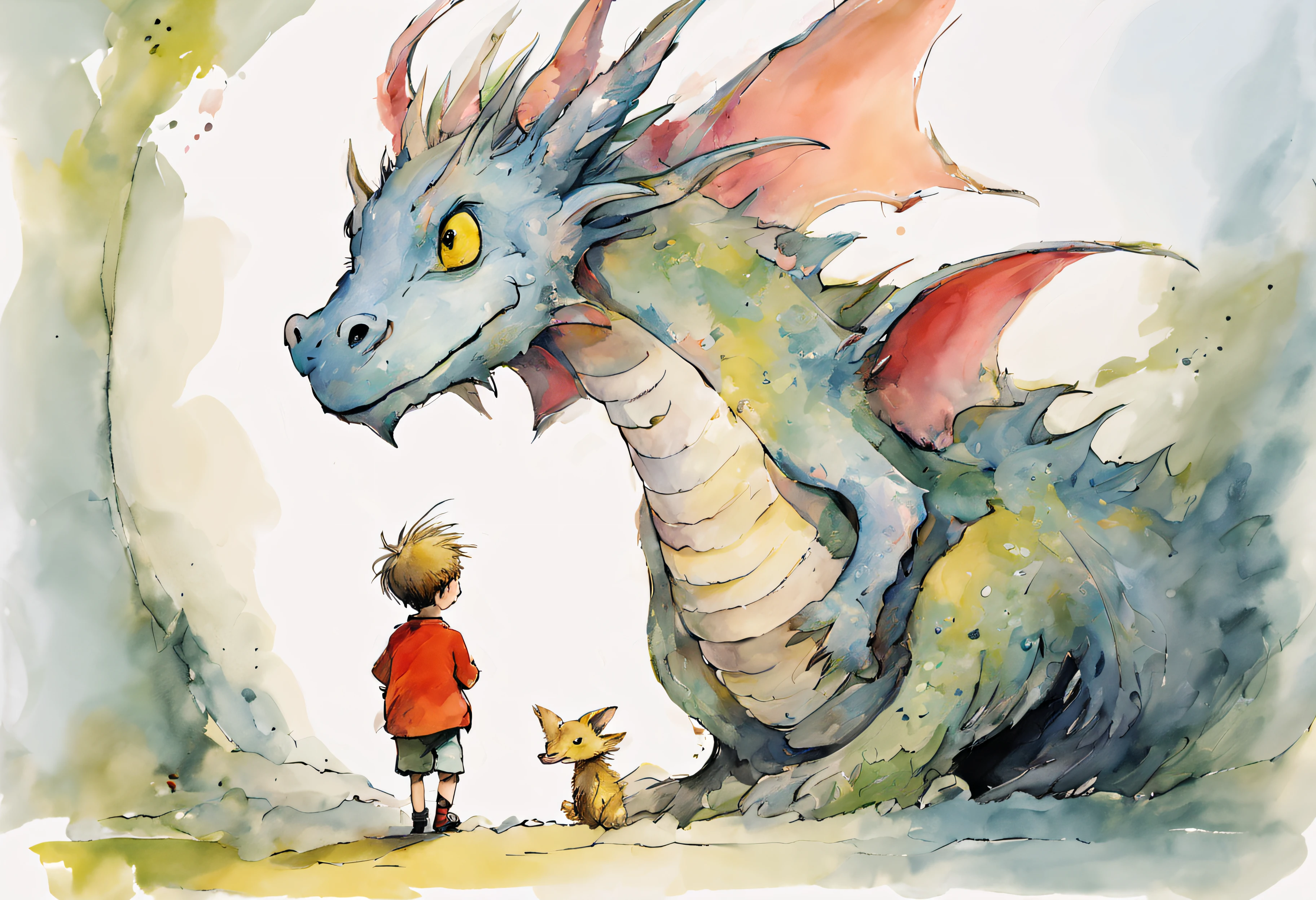 Quentin Blake style photo 、gentle dragon face、A child and an animal are on the back、Fairytale worldview、hight resolution、Beautiful fece、top-quality、​masterpiece、ighly detailed