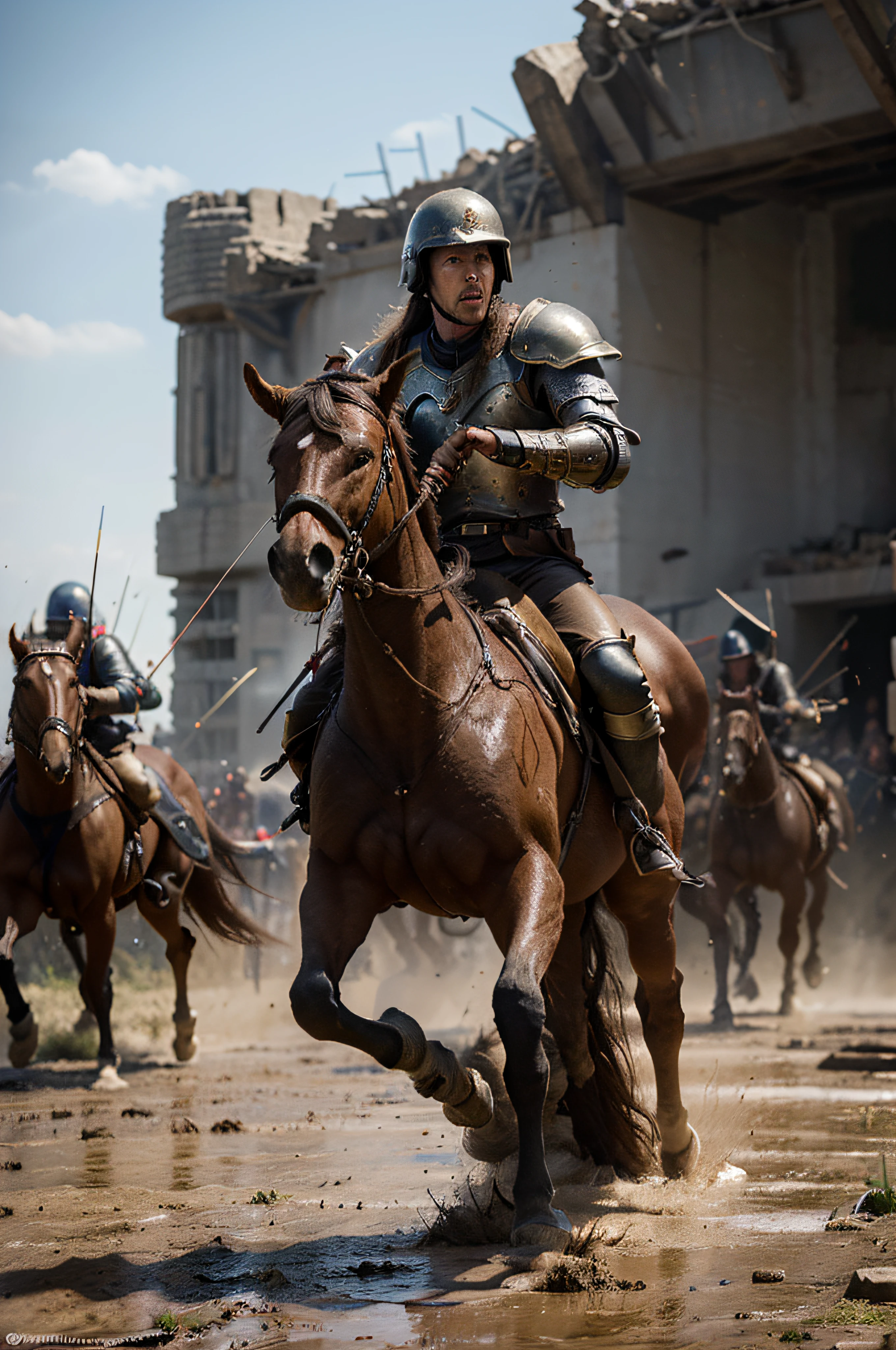 In the midst of a sprawling, ancient battlefield, the thundering hooves of armored horses reverberate through the air. The sky is overcast, echoing the tension below as two mighty armies face each other, their banners billowing in the brisk wind. The ground, churned by the constant trampling of soldiers, is a muddy testament to the intensity of the conflict.
At the forefront of one army rides a formidable figure, clad in intricately designed armor that glints menacingly in the low light. His eyes, steely and determined, pierce through the chaos around him. Gripping a gleaming sword with a hilt adorned with symbols of ancestral power, he leads a horde of skilled riders resembling legendary Vikings. Their war cries meld with the clash of steel as they charge towards their adversaries.
On the opposing side, a stoic commander, draped in regal attire, sits atop a majestic warhorse. The soldiers under his command are disciplined, their armor pristine, forming a formidable shield wall. The air is thick with anticipation as the clash of ideologies is about to unfold.
The two forces collide with a deafening roar, swords meeting in a symphony of clashes and sparks. The battlefield becomes a chaotic dance of warfare, with arrows whistling through the air and the ground trembling beneath the galloping hooves. Amidst the chaos, the leaders lock eyes in a silent exchange of determination and defiance, knowing that the outcome of this clash will echo through the annals of history