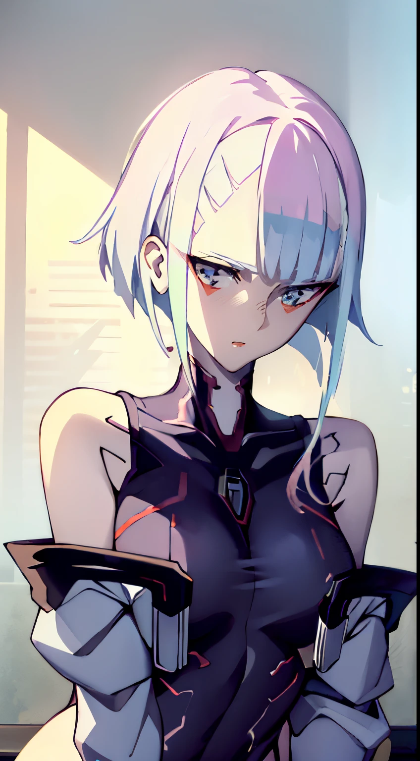 photo portrait, Sits, Sits, pulling the knees up to the chest, Beautiful figure, Lucy from the anime series Cyberpunk Edge Runner, a 1girl, facing the viewer, Beautiful figure (Proper Anatopy 1.1.), in full height (Body Full 1.1), Slim, Slender figure, Slender figure, shapely legs, Anime style, white colored hair, white colored hair, that disappear at the ends, Bob hairstyle, short white jacket, tight black suit, Cutouts on the shoulders, Cutouts on the chest, Neckline at the waist, Skinny black leather pants, Very detailed face, Very beautiful face, Very sexy ass, in full height (Body Full 1.1), Tall android girl, small elastic breasts, Little ass, Glitter Head Mask, Hair is gathered in a braid, Beautiful slim figure, small buttocks, A braid around the head, Round braid, Red Star in the Forehead, Short Brown Jacket, black tight suit, darkly，gris & Dark Style：1.1), Light, femininity，tmasterpiece，beste-Qualit，higly detailed，Visible to the feet， 8K resolution， High Sharp， 8K resolution， higly detailed， 8K UHD， Professional lighting， Photon mapping，physical based rendering， a perfect face， detailed face and body， ray traced， expressive look， Cinmatic Lighting，elastic small breasts, Heightened sexuality，