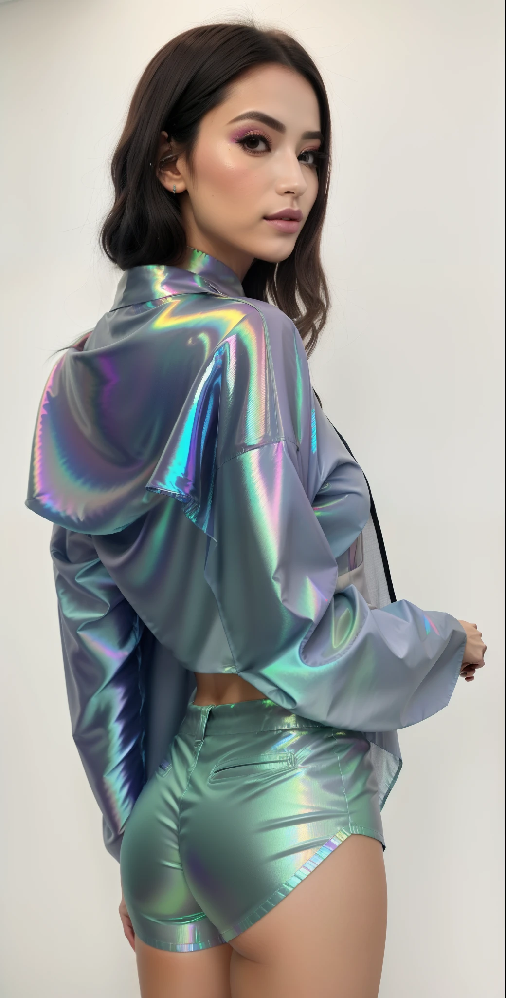um close de uma mulher com uma jaqueta brilhante e shorts, iridescent sci-fi kimono, casaco elegante para uma rave, casaco para uma rave, cor iridescentee, detalhes iridescentees, iridescent aesthetics, cores iridescentees, acentos iridescentees. vibrante, vestindo futurista, Cores iridescentees, iridescente, Holographic!!!, cores iridescentees vibrantees, metais iridescentees