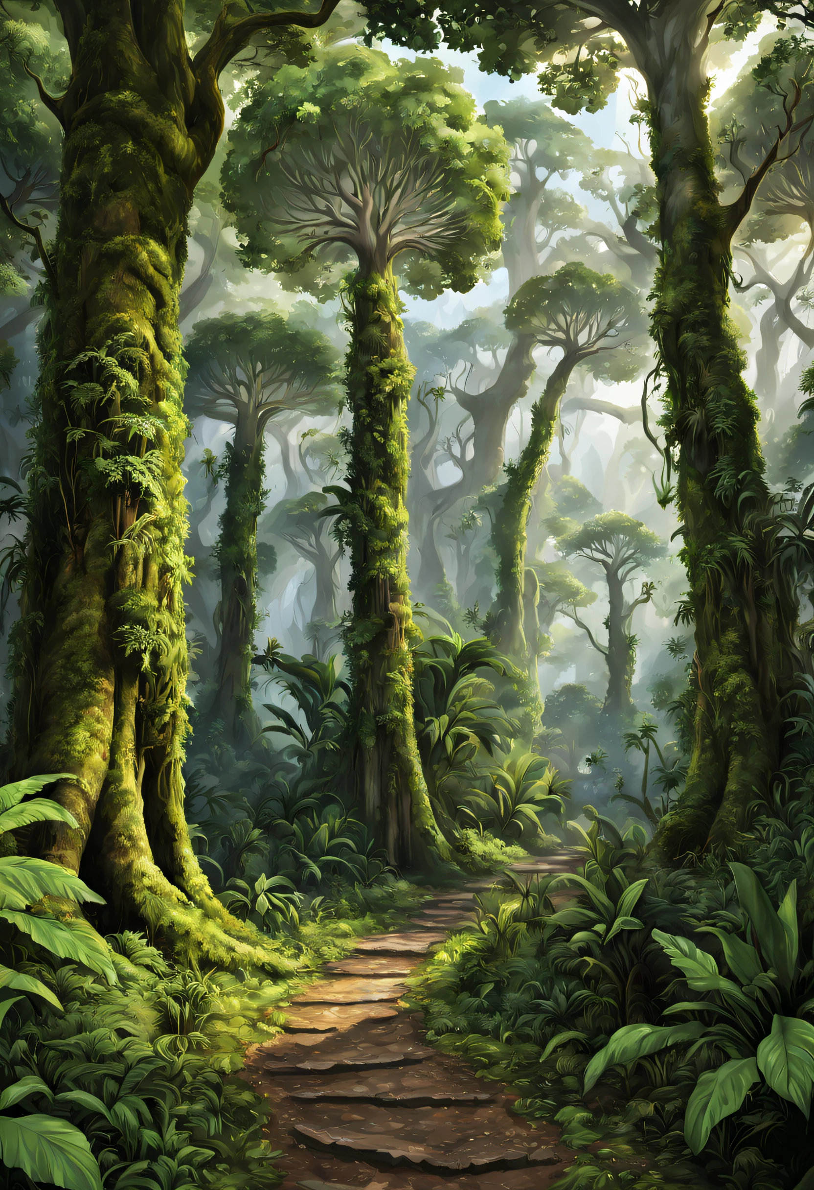 Pristine jungle, Two big trees on the left and right, The foliage is dense, There is a path in the middle, European and American Crusu style, pristine natural scenery, 16k