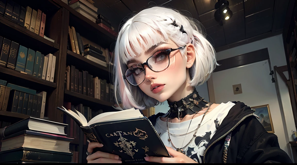 Uma maga das trevas, PastelGothAI, Cabelo branco, Maquiagem Egirl, ((cabelos brancos)), eyeglass, micro saia,lendo um livro, estudando numa biblioteca antiga, lendo um livro proibido, ((White hair)), Atmosfera dark, detalhes azul,  estudar, (((cabelos brancos))), egirlmakeup