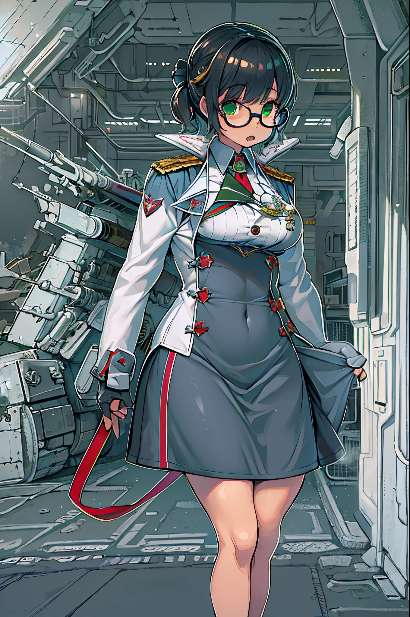 High Definition,Woman,Small size,Black hair,Double blade hairstyle,Bang Bang,Green eyes,Red glasses,Dress formally,uniform,White coat,Dark look,warships,Marine aircraft carriers, Futuristic, Science fiction, warplane, spaces, war