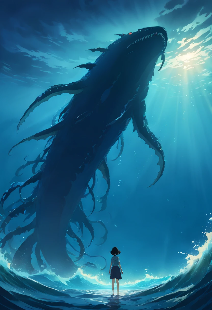 (Best Quality,4K,8K,hight resolution,masutepiece:1.2),Ultra-detailed,(Realistic,Photorealistic,Photorealsitic:1.37),upper view,Looking down,giant sea creature silhouette,Dark,Scary,seaview,under the water,monster figures,scary existence,secluded sea,ominous vibe,abyss,a mysterious creature,cause fear,Scary sea monster, An majestic,imposing,The creature's scales shone in the darkness.,Depth of the sea,terrible proportions,vast dark body of water,darkness and foreboding,shadow dance,ominous silhouette,eerily quiet,The unknown lurks below,vast and desolate,strong sense of isolation,ominous vibe,darkness has crept in,An ominous presence,It's terrifyingly beautiful,Intimidating,Eye-catching,terrifying beauty of the sea.