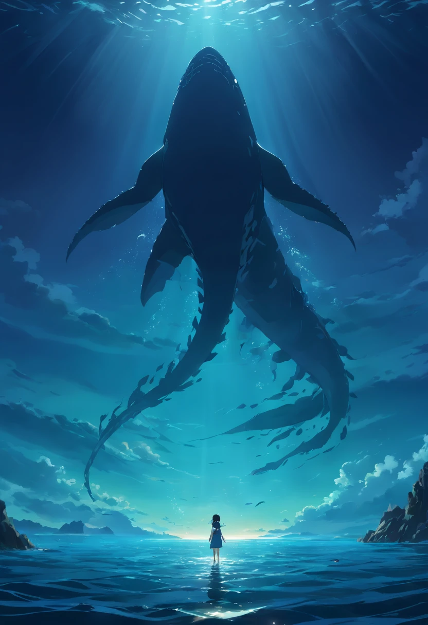 (Best Quality,4K,8K,hight resolution,masutepiece:1.2),Ultra-detailed,(Realistic,Photorealistic,Photorealsitic:1.37),upper view,Looking down,giant sea creature silhouette,Dark,Scary,seaview,under the water,monster figures,scary existence,secluded sea,ominous vibe,abyss,a mysterious creature,cause fear,Scary sea monster, An majestic,imposing,The creature's scales shone in the darkness.,Depth of the sea,terrible proportions,vast dark body of water,darkness and foreboding,shadow dance,ominous silhouette,eerily quiet,The unknown lurks below,vast and desolate,strong sense of isolation,ominous vibe,darkness has crept in,An ominous presence,It's terrifyingly beautiful,Intimidating,Eye-catching,terrifying beauty of the sea.